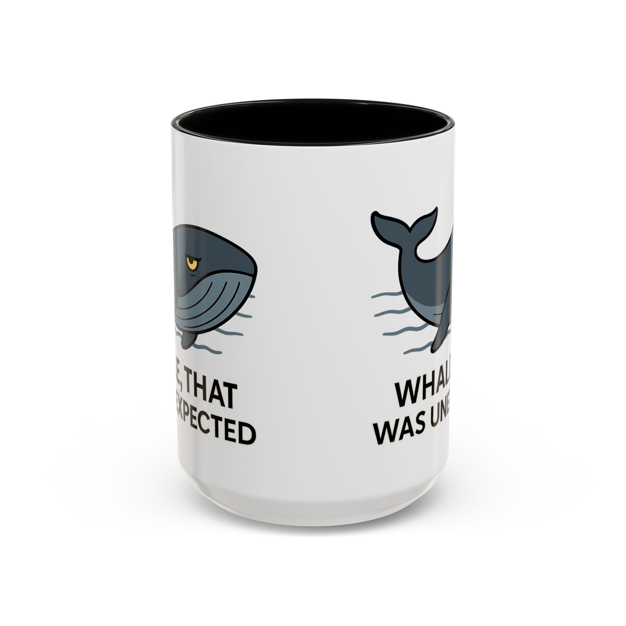 White Mug with black color accent with a blue whale design and text "Whale, that was unexpected" on a white background