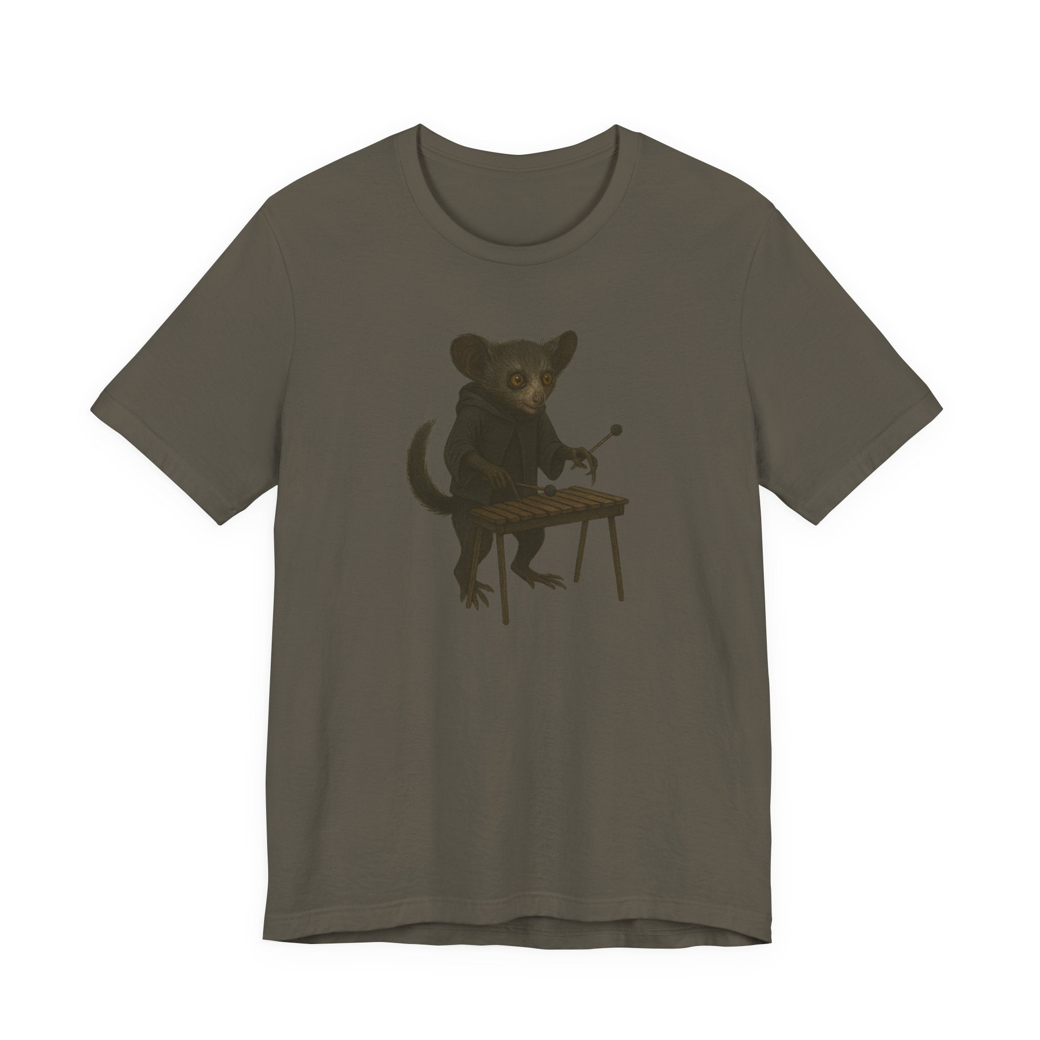 Army t-shirt with a graphic of an aye-aye playing a xylophone on a white background