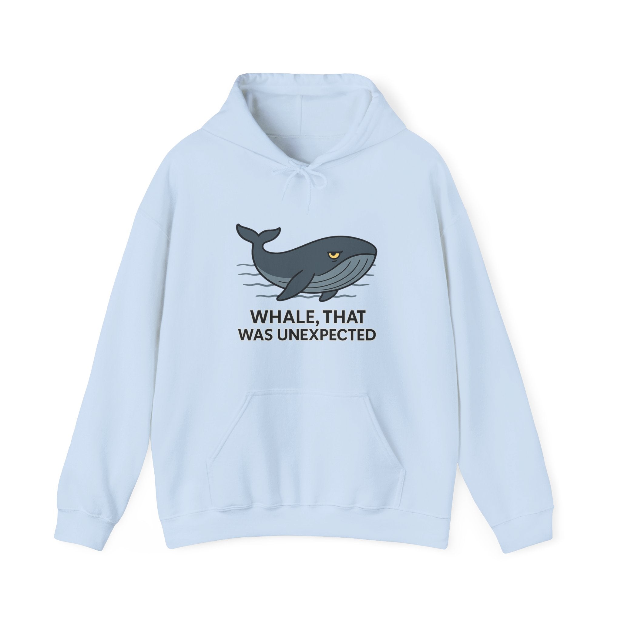 Light blue hoodie with a blue whale graphic and text &quot;whale, that was unexpected&quot; by Soon To Be Mythical