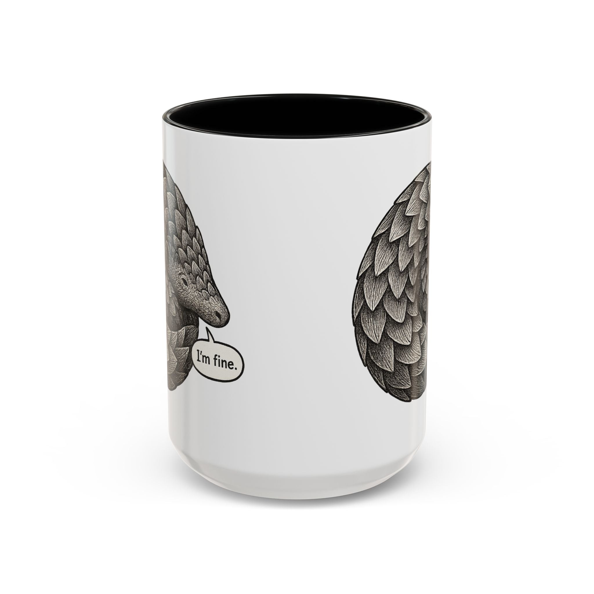 White mug with black color accented interior and handle that features the design of a pangolin graphic curled up into a ball with the text "I'm fine."