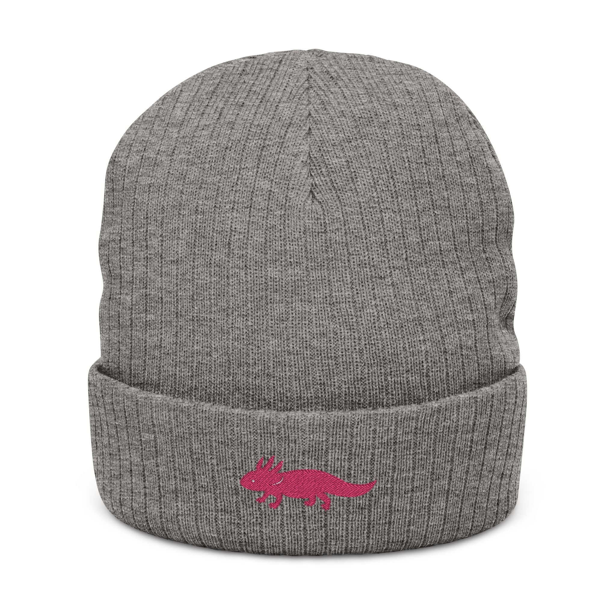 Gray beanie with a pink axolotl embroidery by Soon To Be Mythical