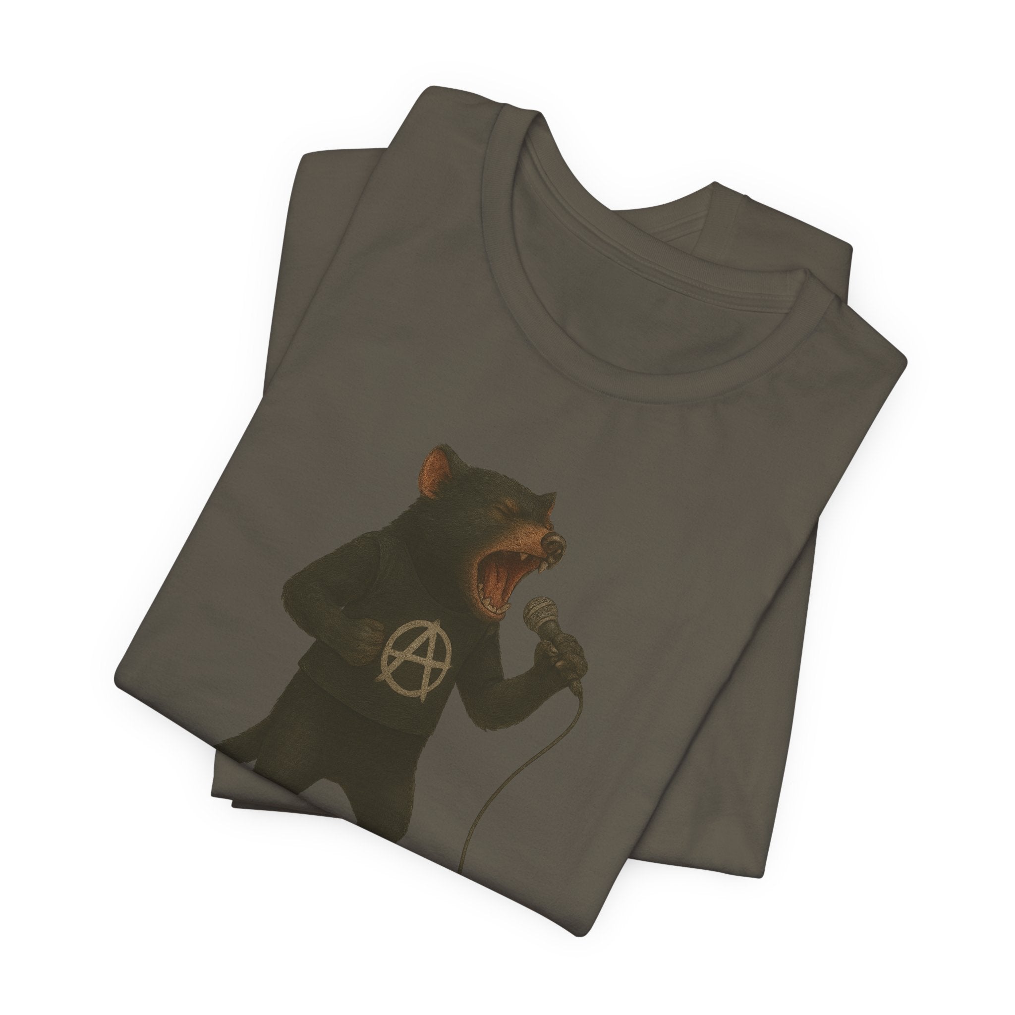 Army green t-shirt with a tasmanian devil singing lead vocals for an anarcho-punk band on a white background