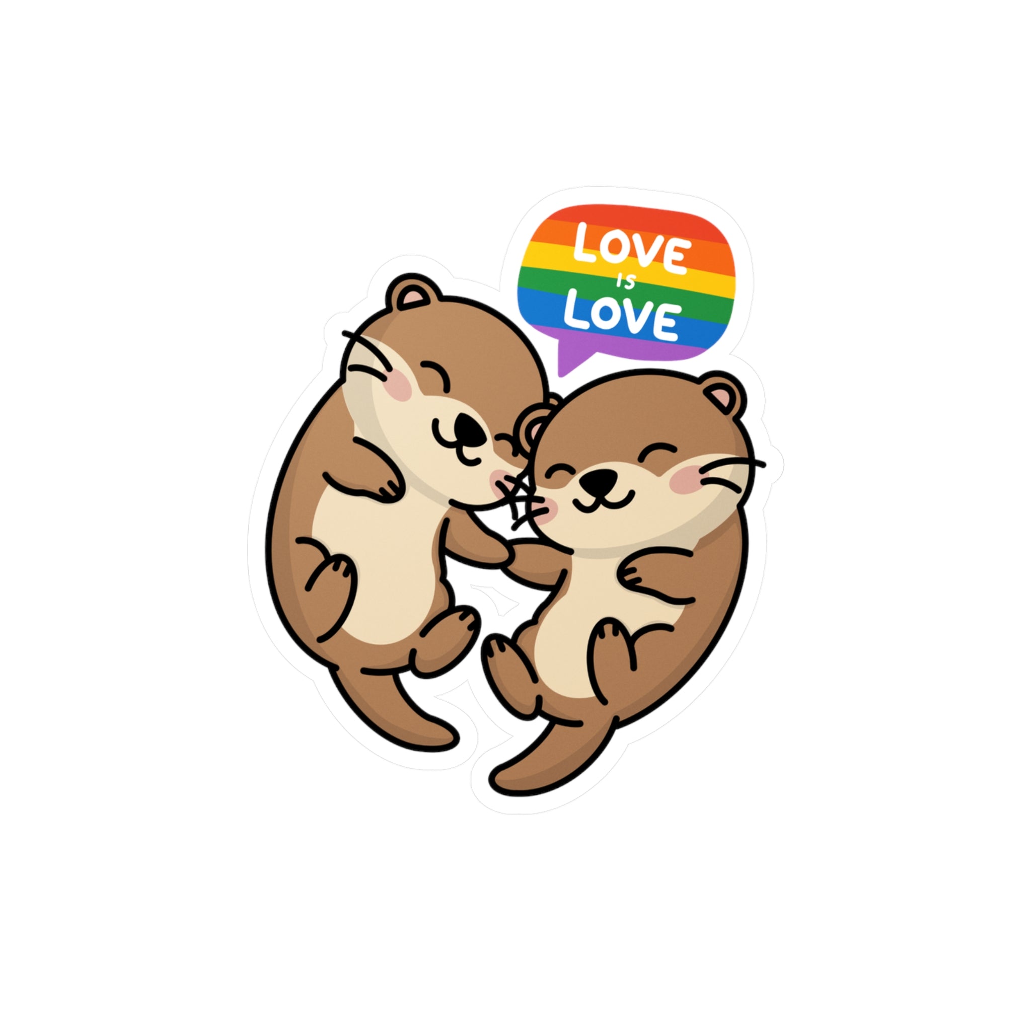 Two cartoon otters kissing with a rainbow 'LOVE is LOVE' speech bubble by Soon To Be Mythical