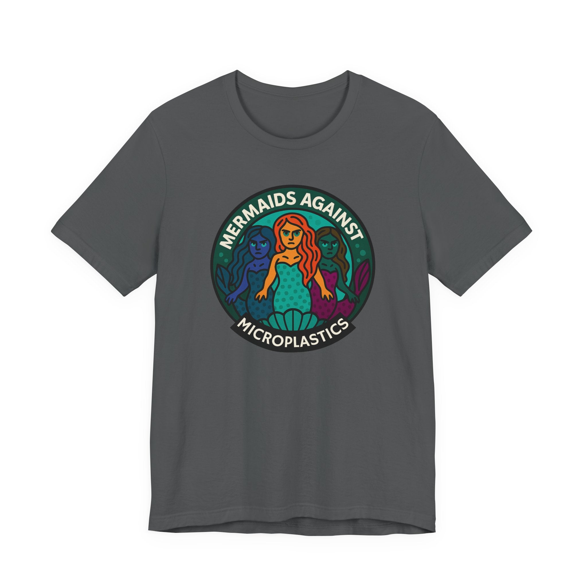Gray t-shirt with mermaid graphic and text 'Mermaids Against Microplastics' by Soon To Be Mythical