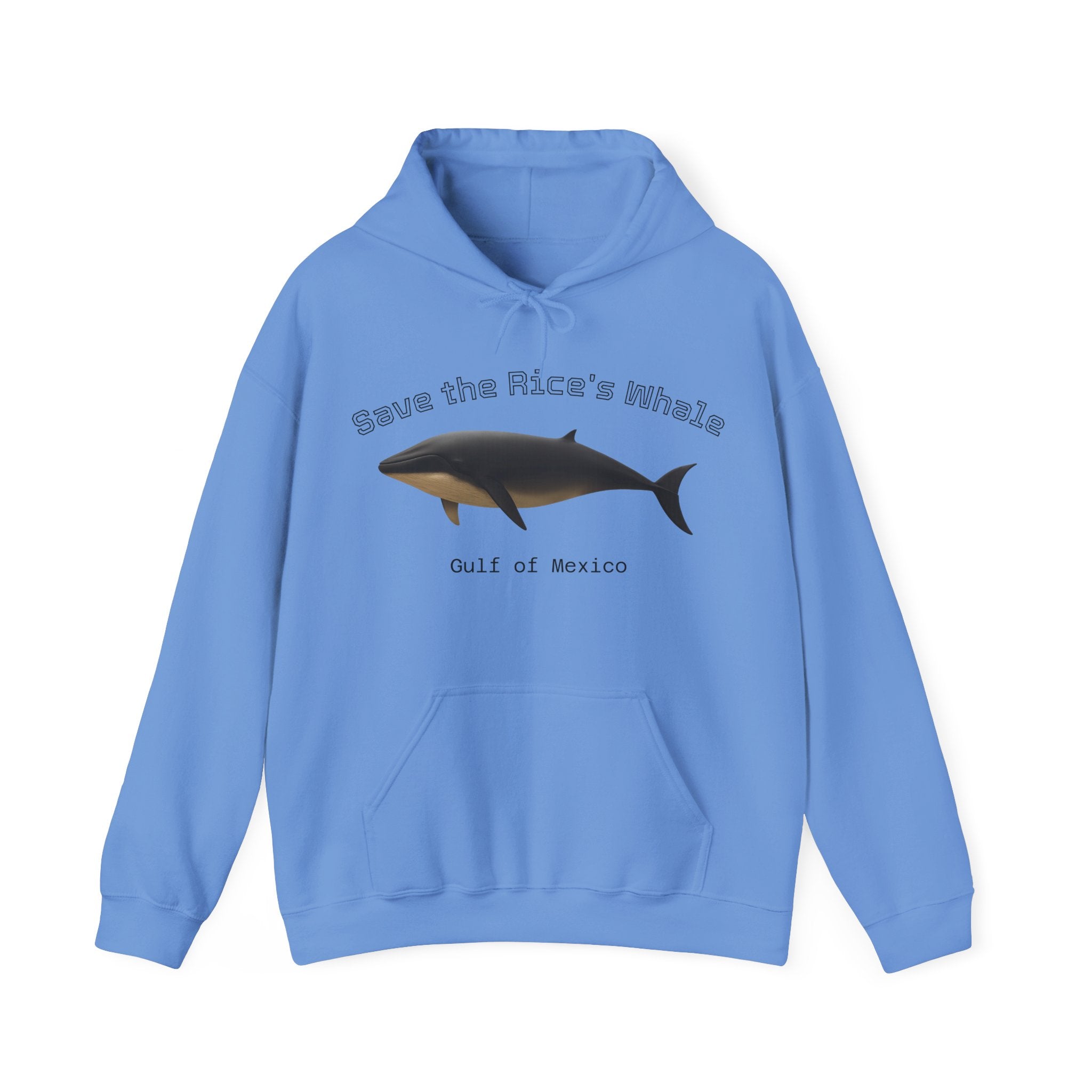 Blue hoodie with a Rice's whale graphic and text "Save the Rice's Whale: Gulf of Mexico" by Soon To Be Mythical