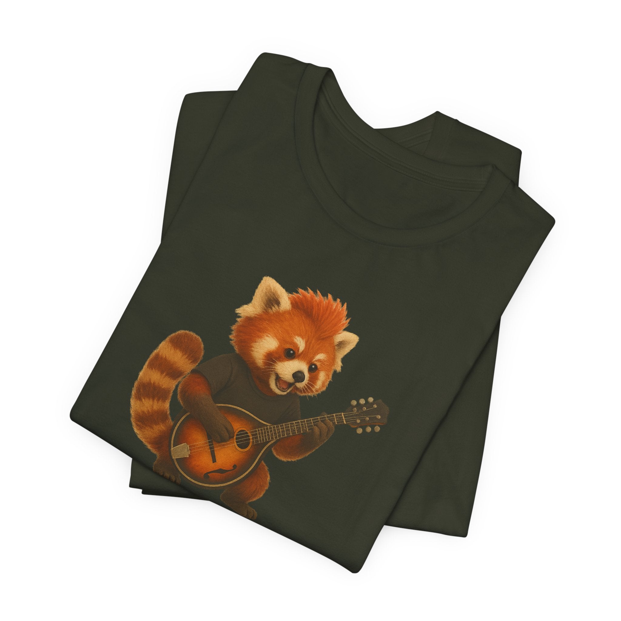 Dark green t-shirt with a red panda playing a mandolin graphic on a white background