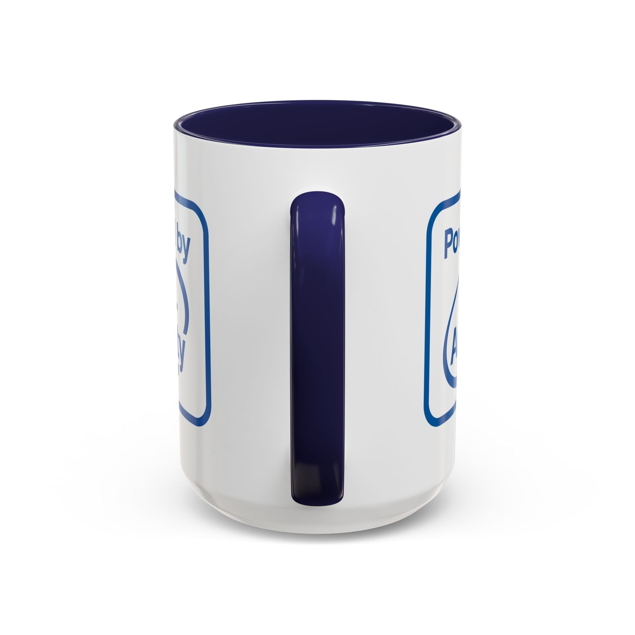 White coffee mug with navy blue accent interior and handle with a graphic that says "Powered by Eco-anxiety"