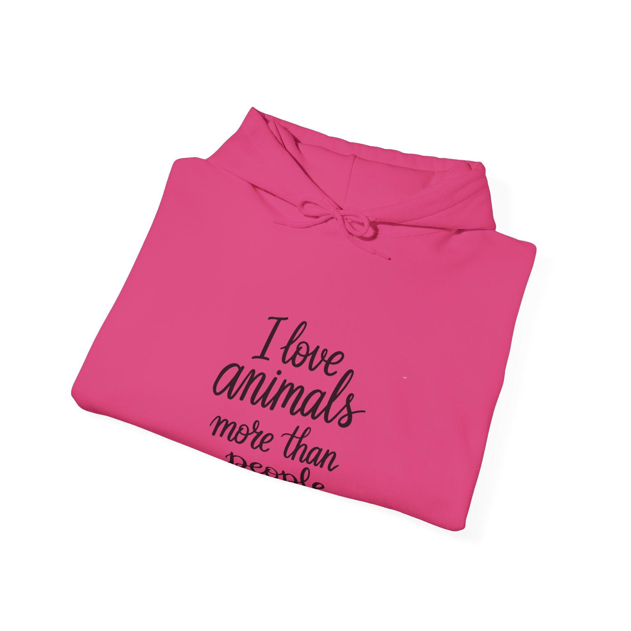 Pink hoodie with text 'I love animals more than people' by Soon To Be Mythical