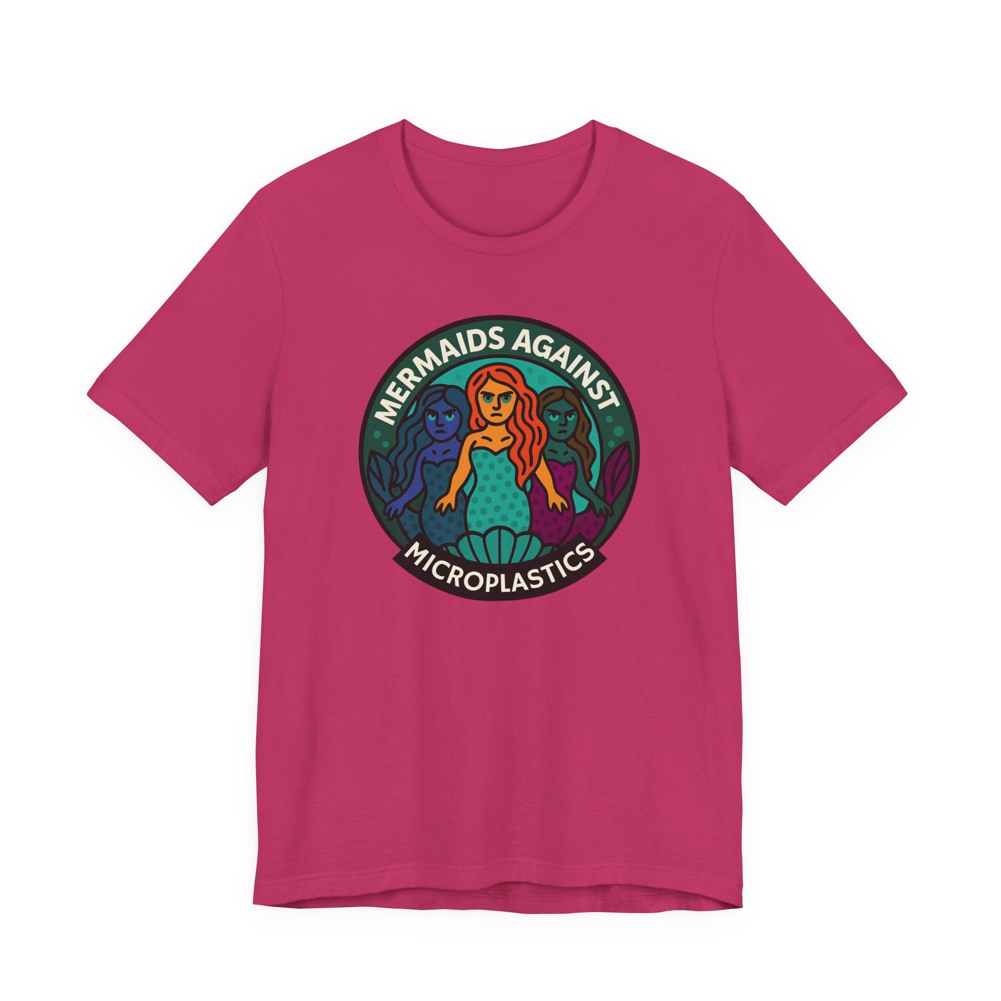 Pink t-shirt with mermaid graphic and text 'Mermaids Against Microplastics' by Soon To Be Mythical