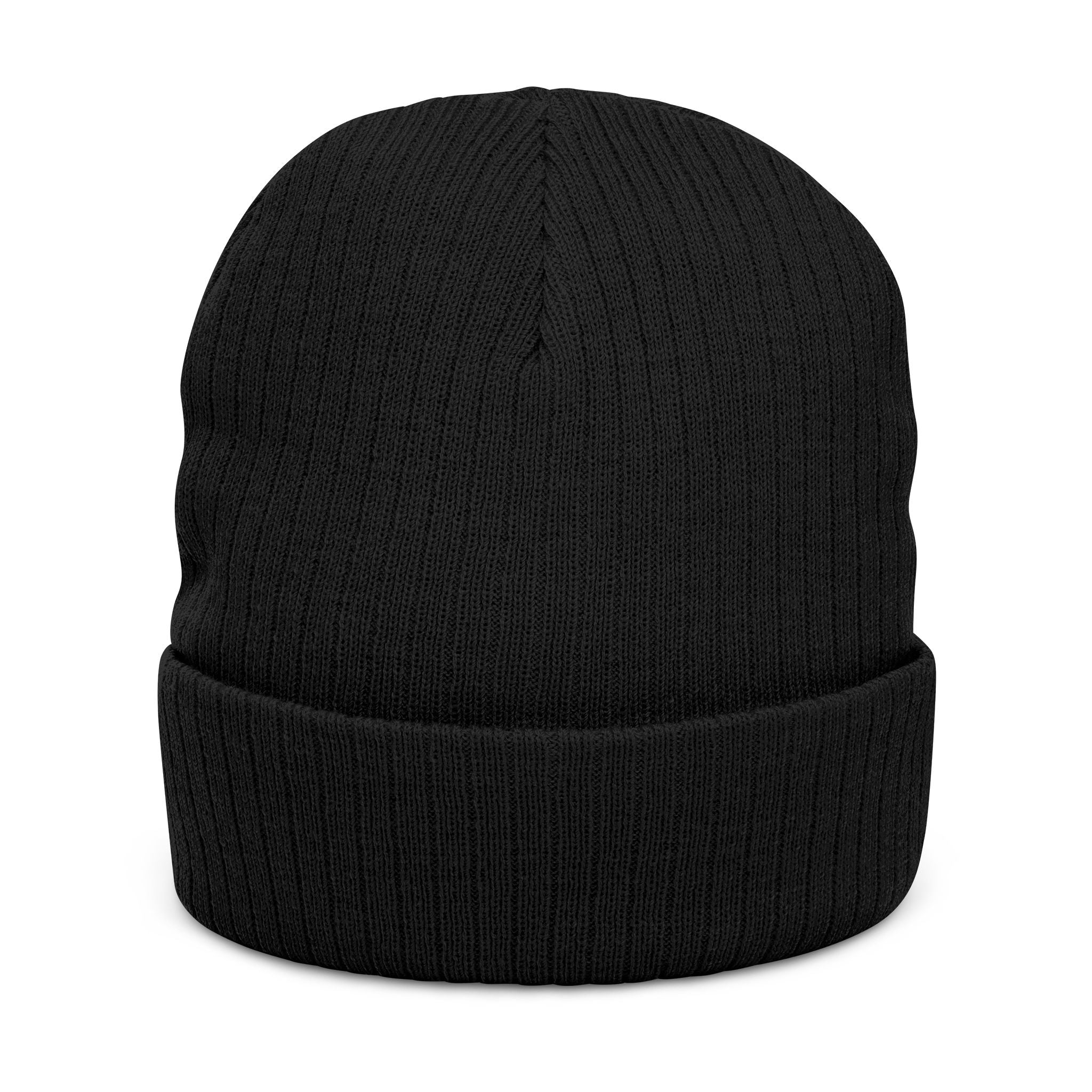 Black knit beanie on a white background