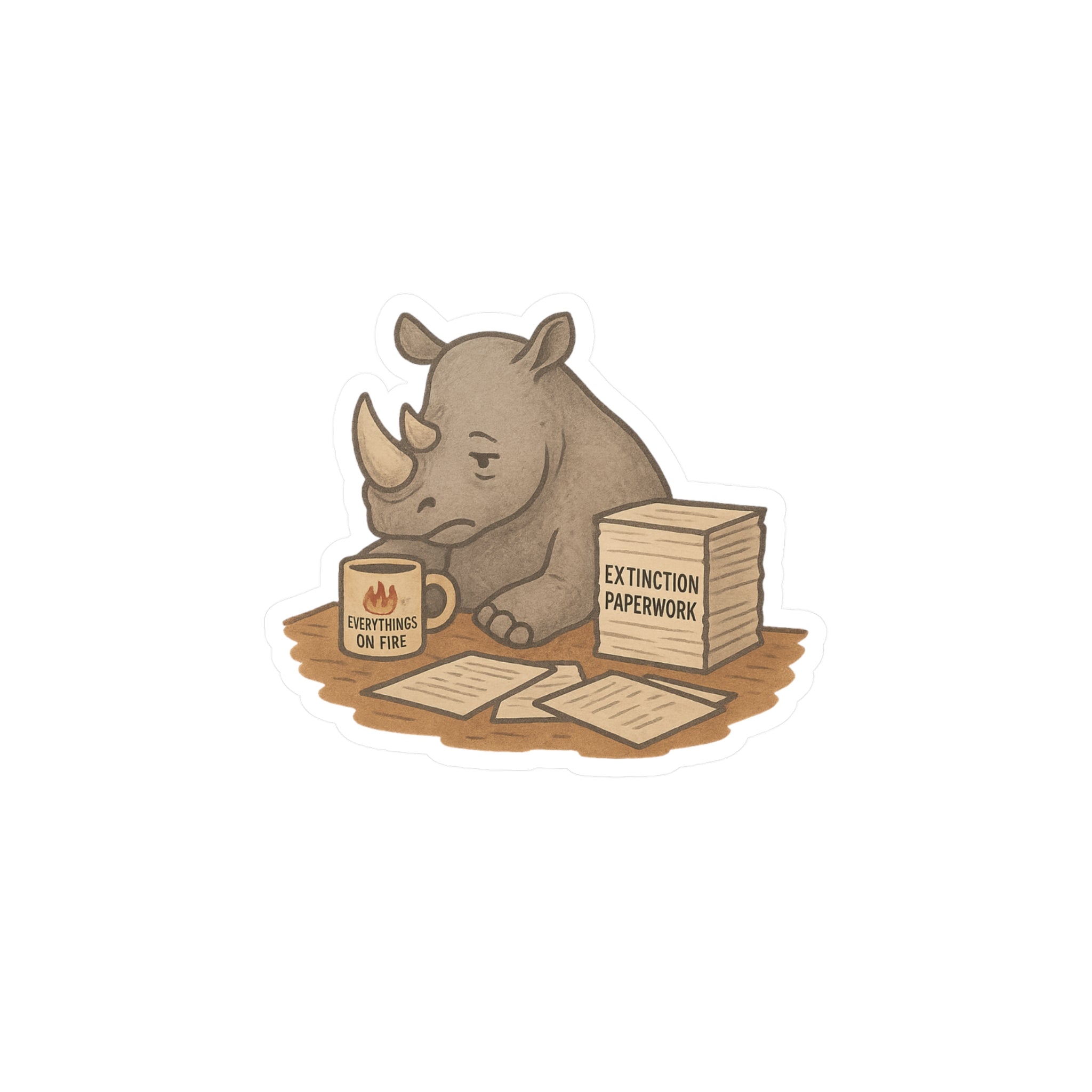 Vinyl sticker illustration of a rhino at a desk with a mug that says &quot;everything&#39;s on fire&quot; and papers on a white background