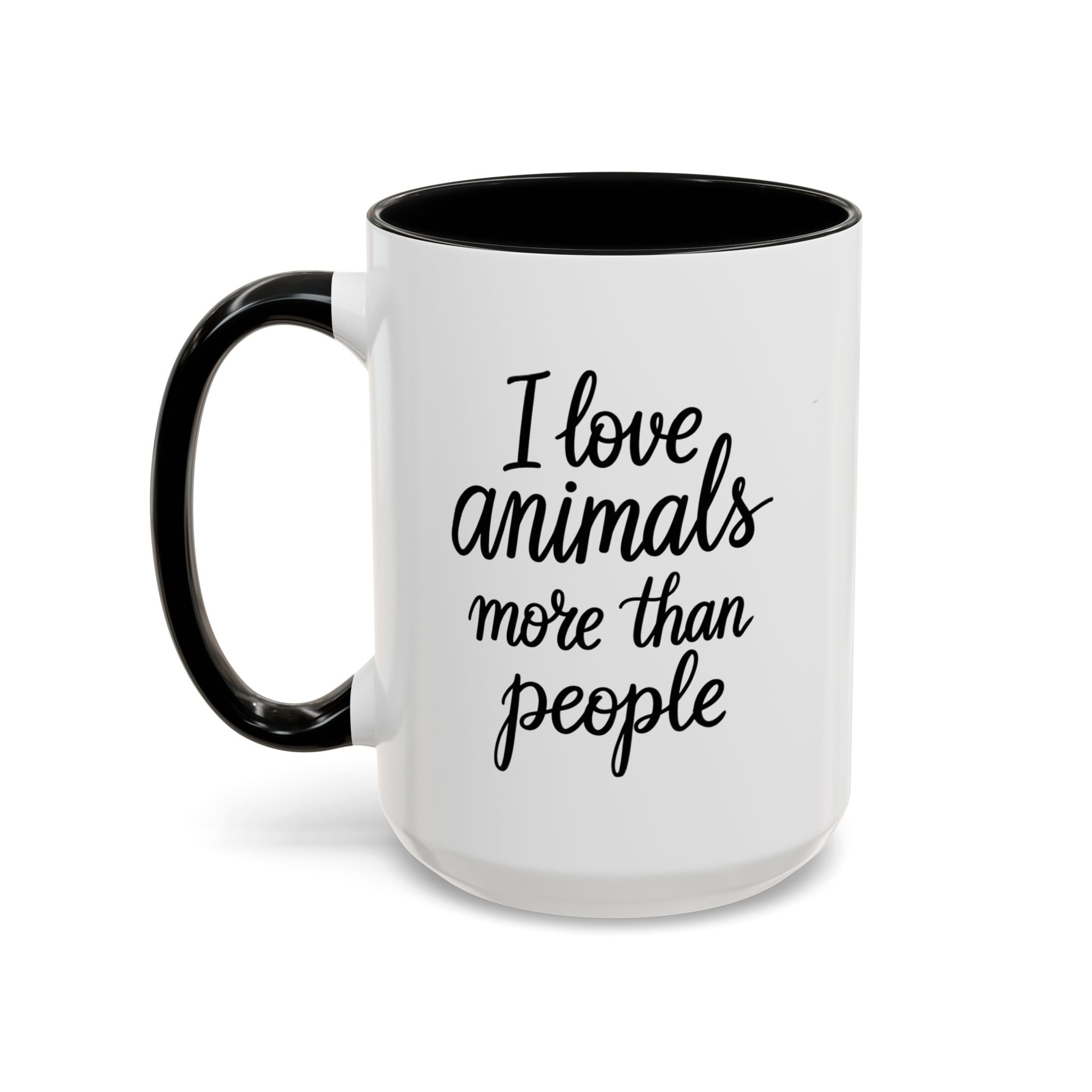 White mug with black interior and handle, featuring the text 'I love animals more than people' on one side and "Postpone the myth" on the other side on a white background.