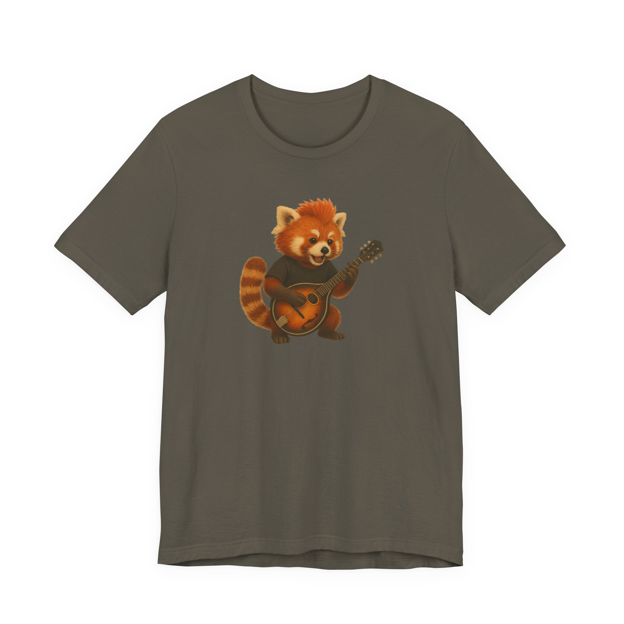 Army green t-shirt with a red panda playing a mandolin graphic on a white background