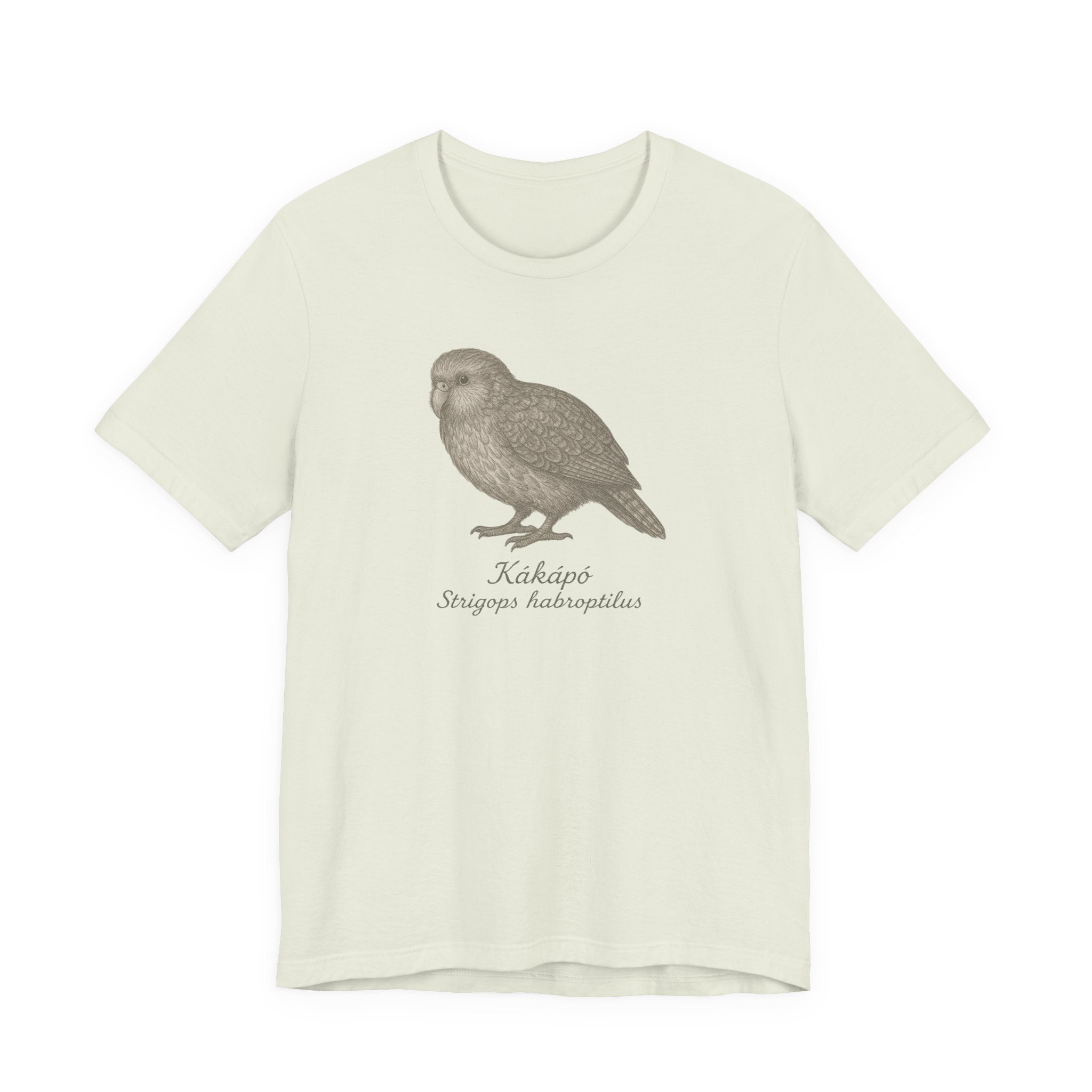 Citron t-shirt with a kakapo bird graphic and text of its scientific name on a white background