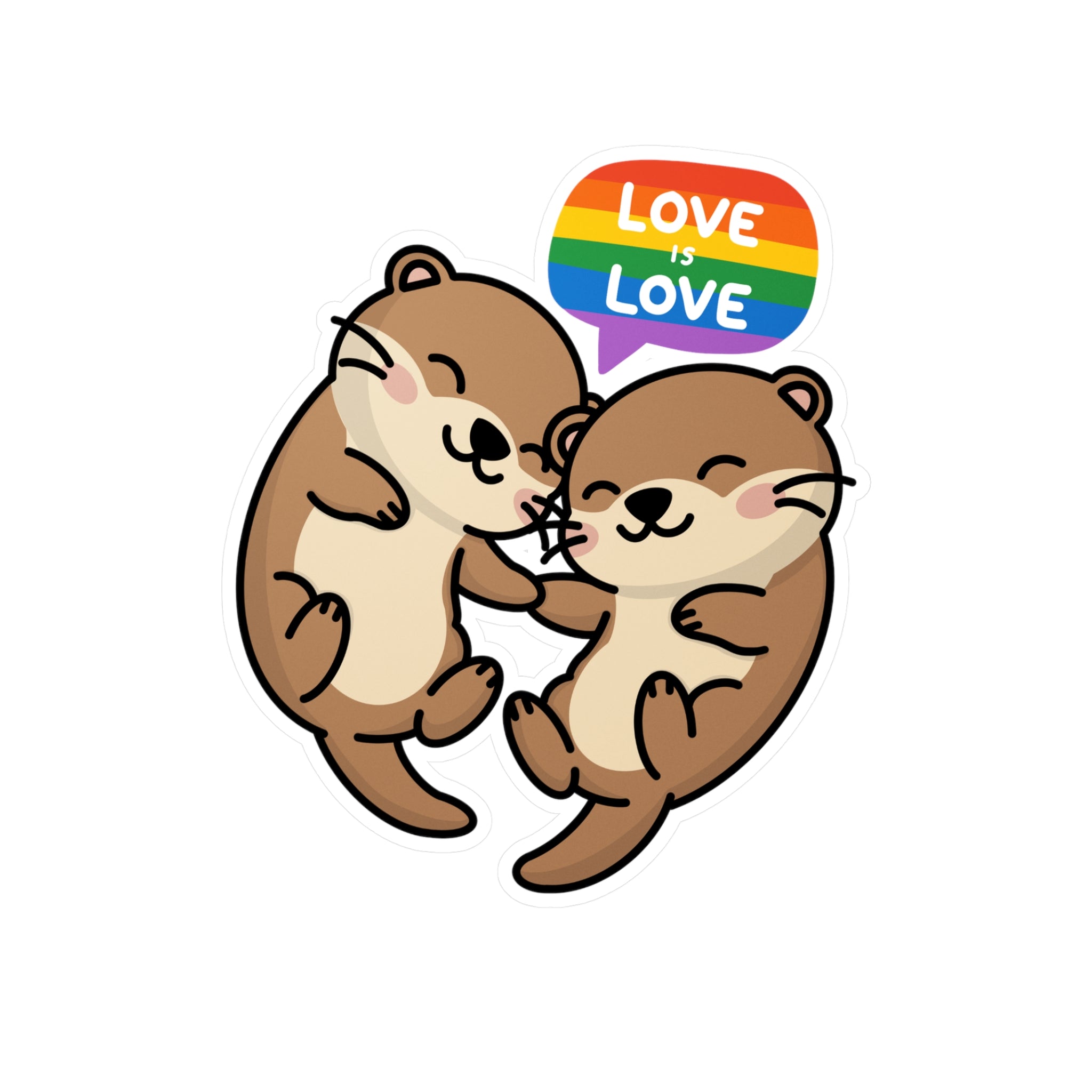 Two cartoon otters cuddling with a rainbow 'LOVE is LOVE' speech bubble by Soon To Be Mythical