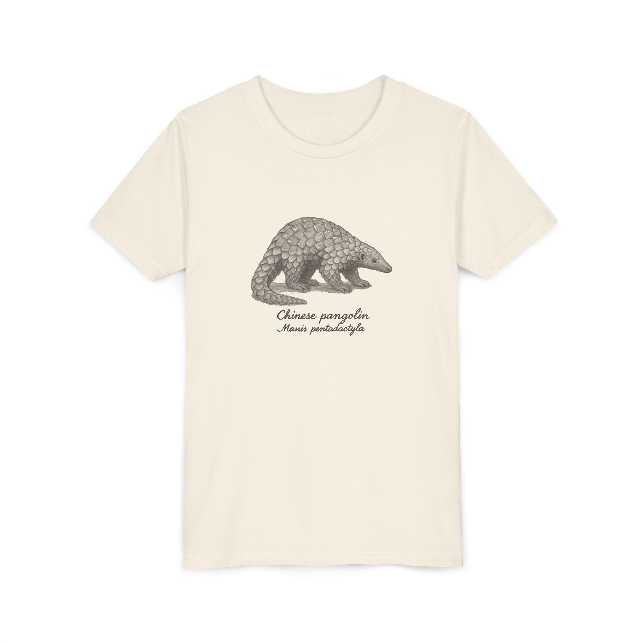 Beige kids t-shirt with a Chinese pangolin graphic and scientific name on a white background
