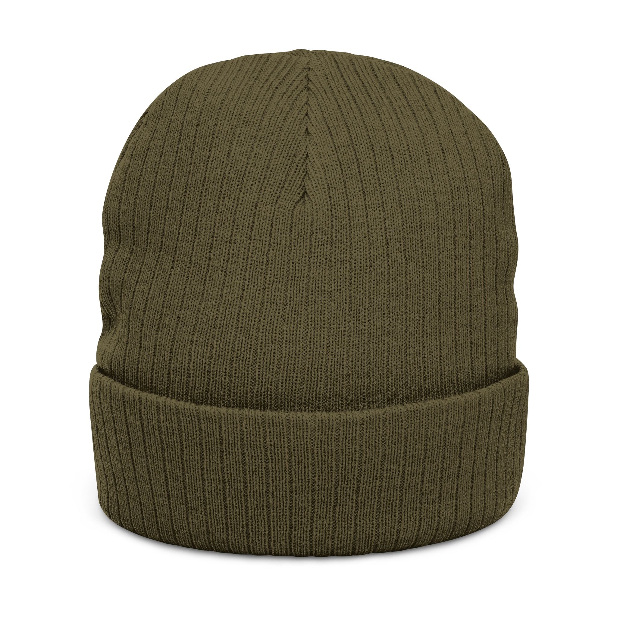 Green knit beanie on a white background