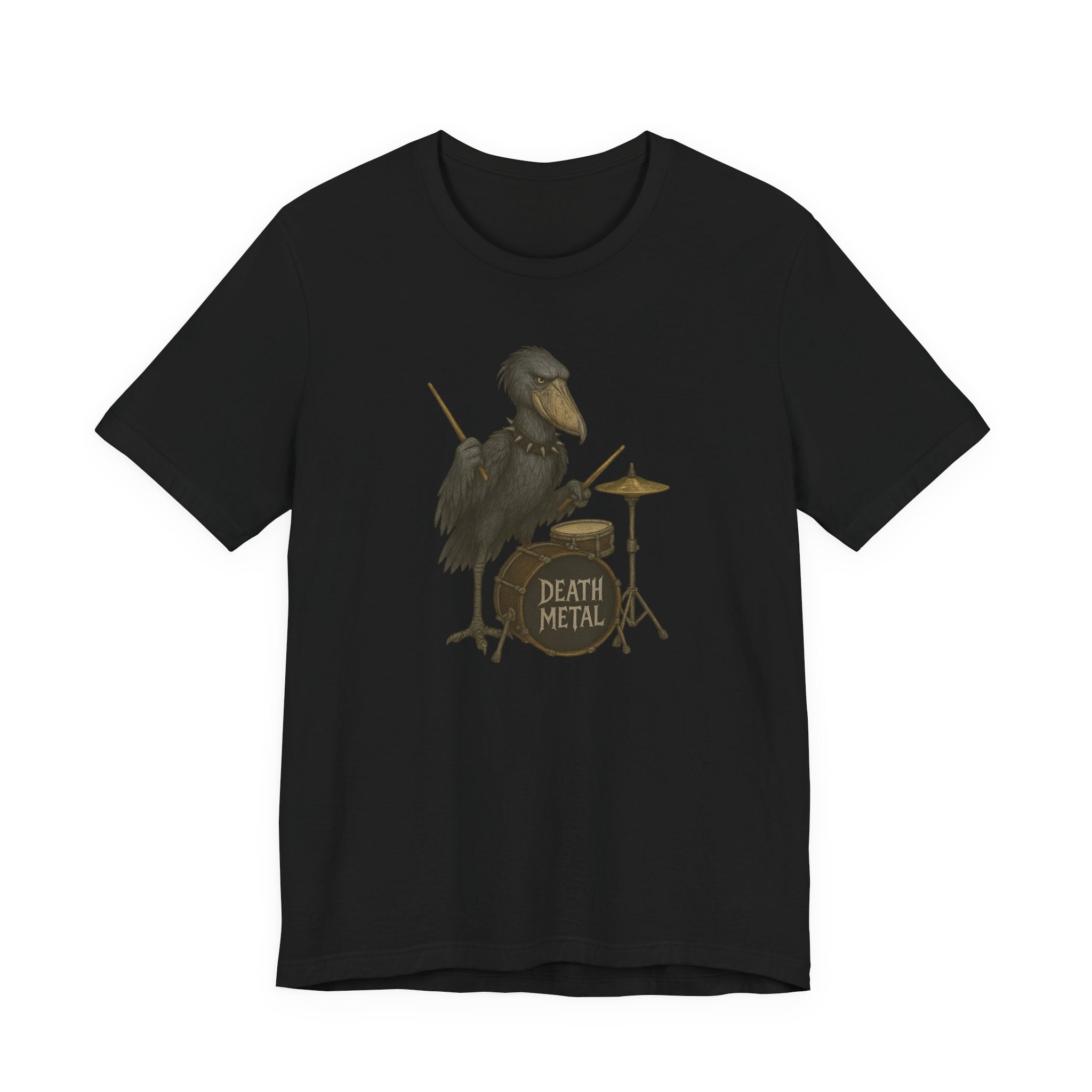 Black t-shirt with a shoebill stork playing drums graphic and 'Death Metal' text on a white background