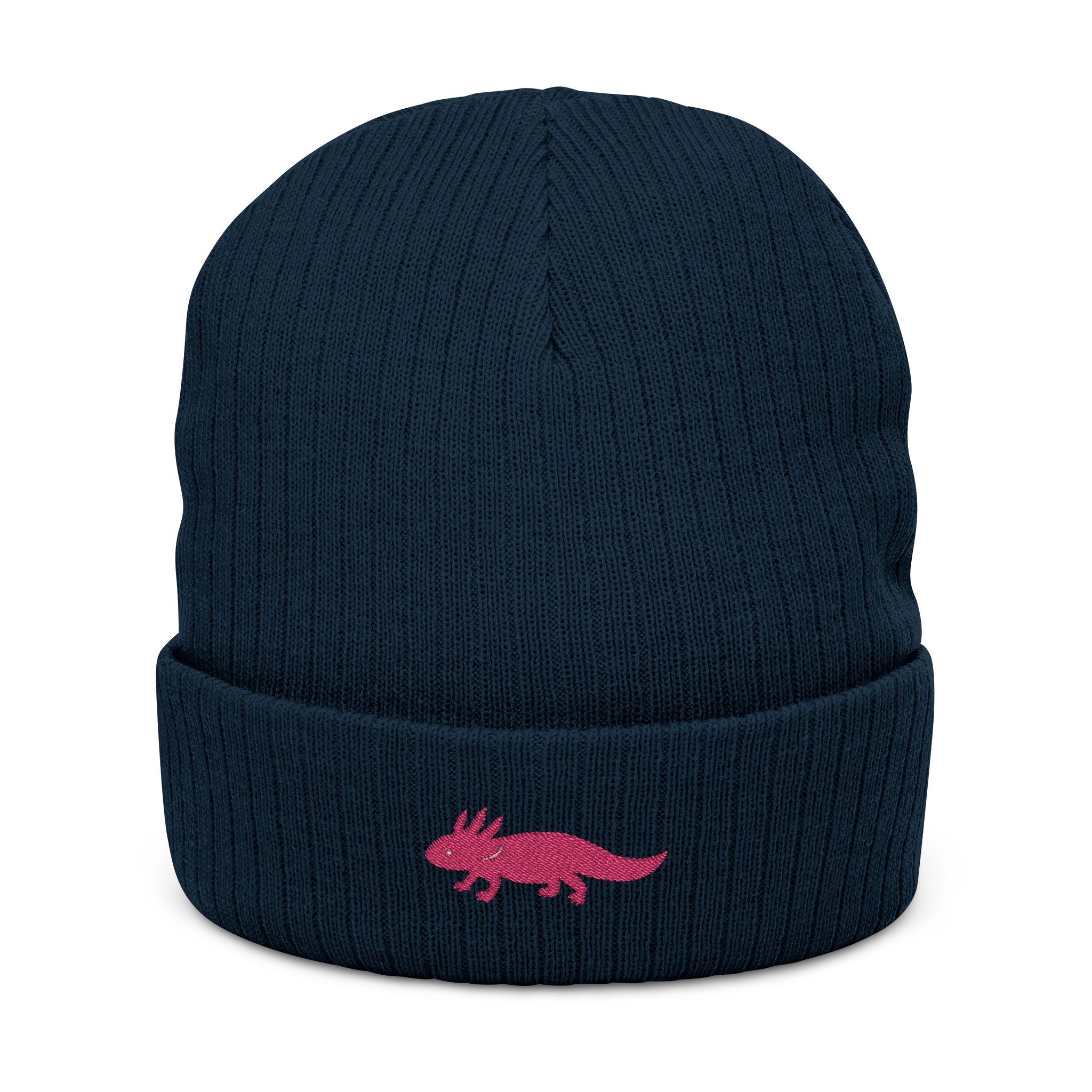 Navy blue beanie with a pink axolotl embroidery by Soon To Be Mythical