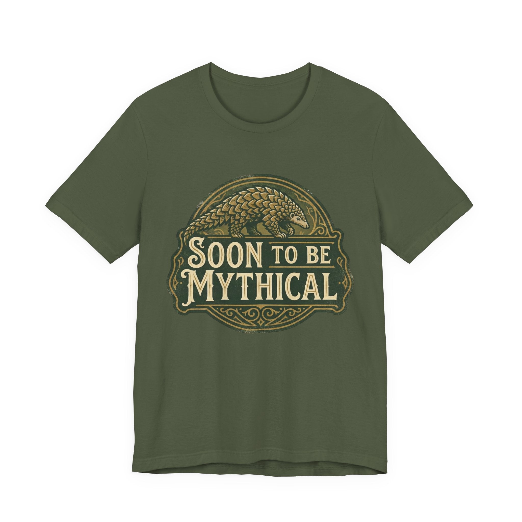 Green t-shirt with 'Soon to be Mythical' vintage logo with a pangolin on a white background