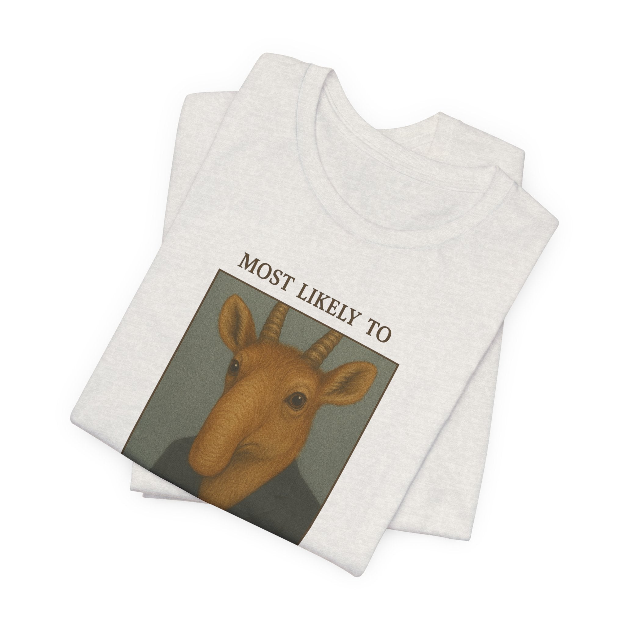 White t-shirt with a graphic of a saiga antelope and text "Most likely to be mistaken for a vacuum cleaner" on a white background