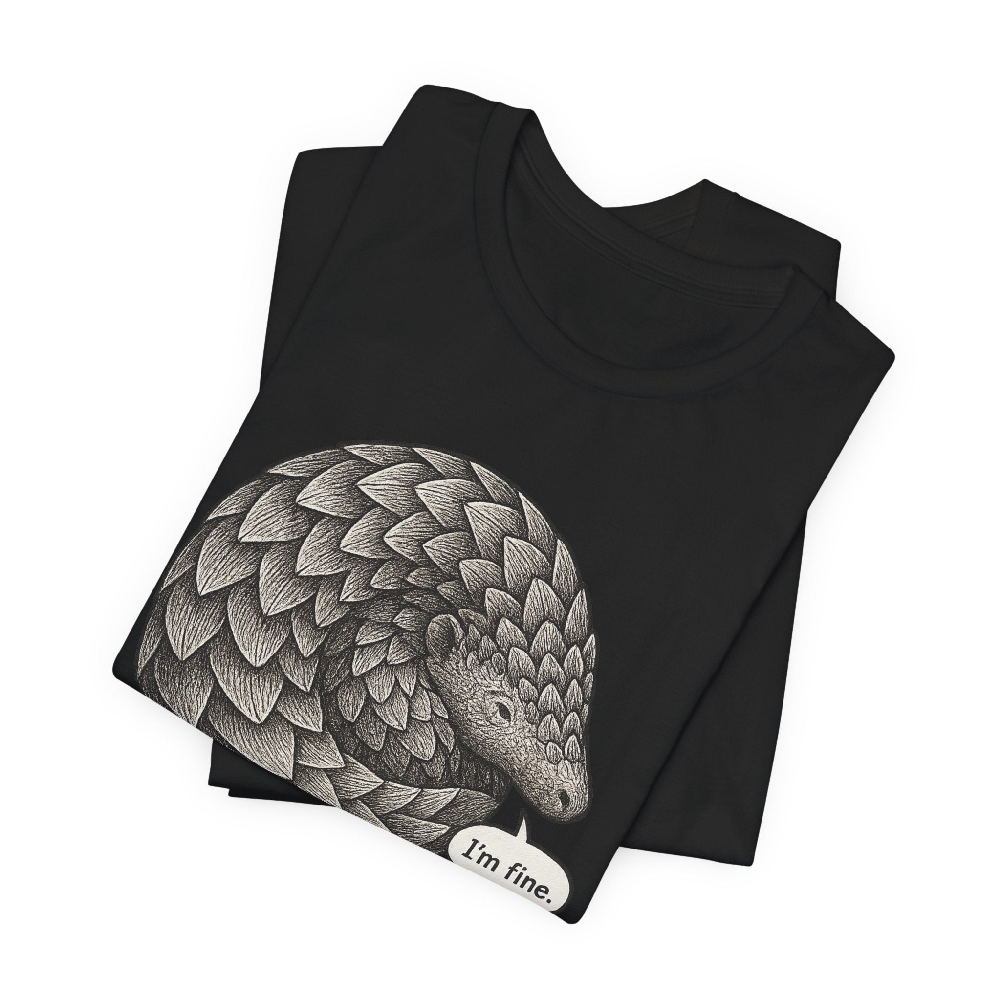 Black t-shirt with pangolin graphic and 'I'm fine.' text on a white background