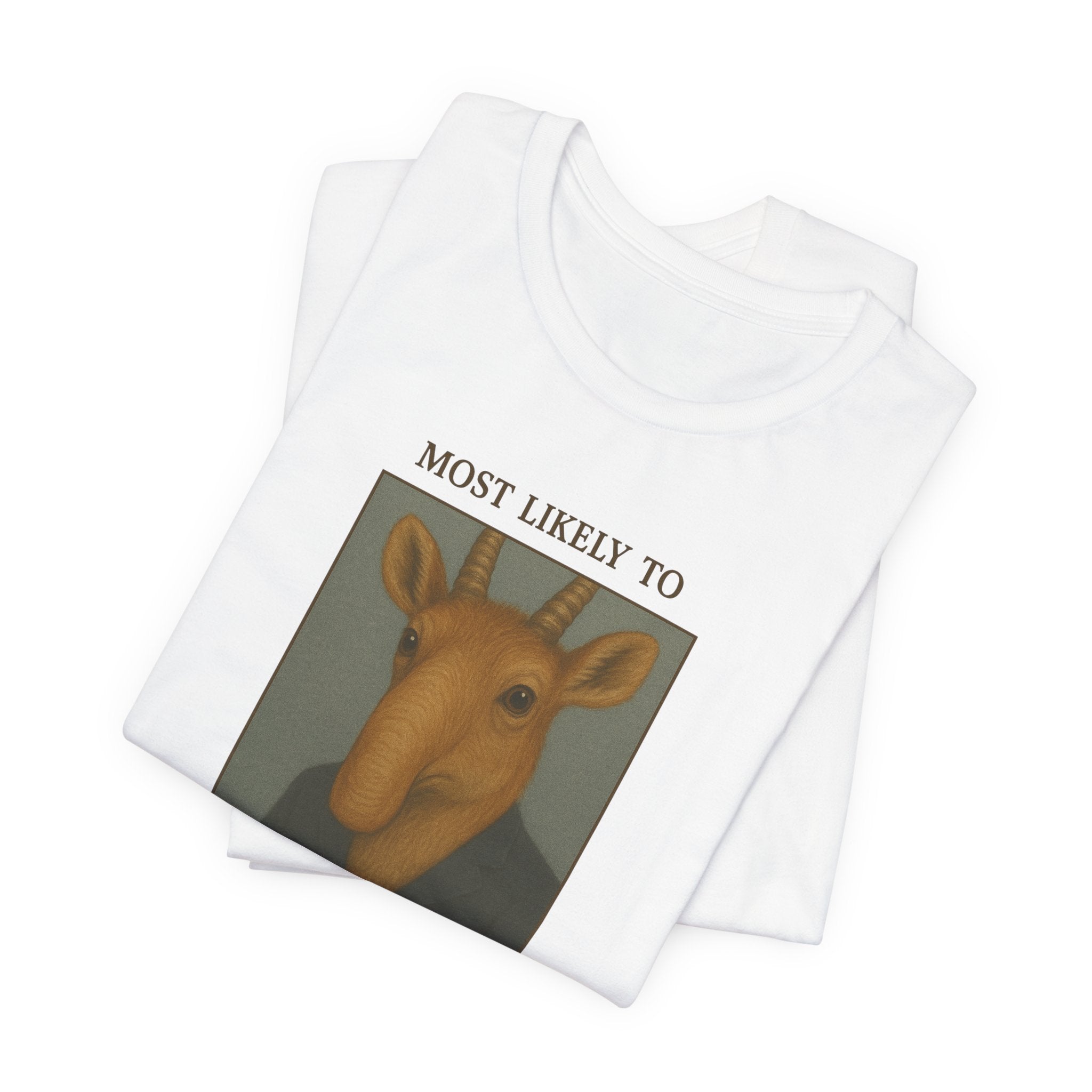 Heather cement t-shirt with a graphic of a saiga antelope and text "Most likely to be mistaken for a vacuum cleaner" on a white background