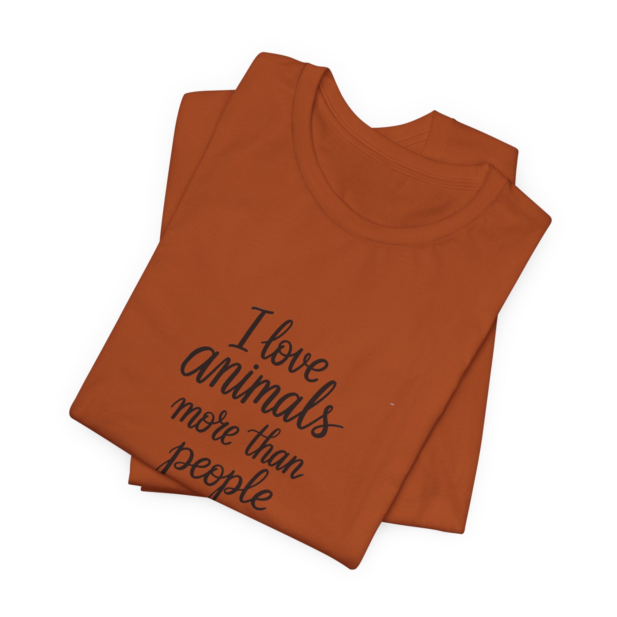 Autumn t-shirt with the text "I Love Animals More Than People" on the front and the text "Postpone the Myth" on the left sleeve on a white background