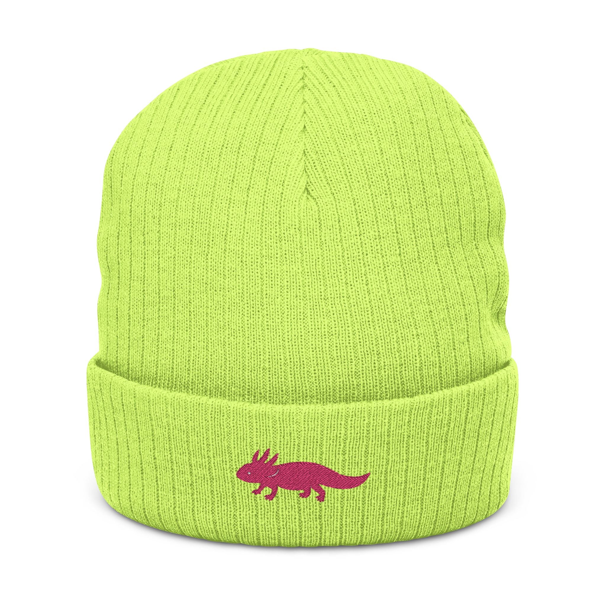 Bright green beanie with a pink axolotl embroidery by Soon To Be Mythical