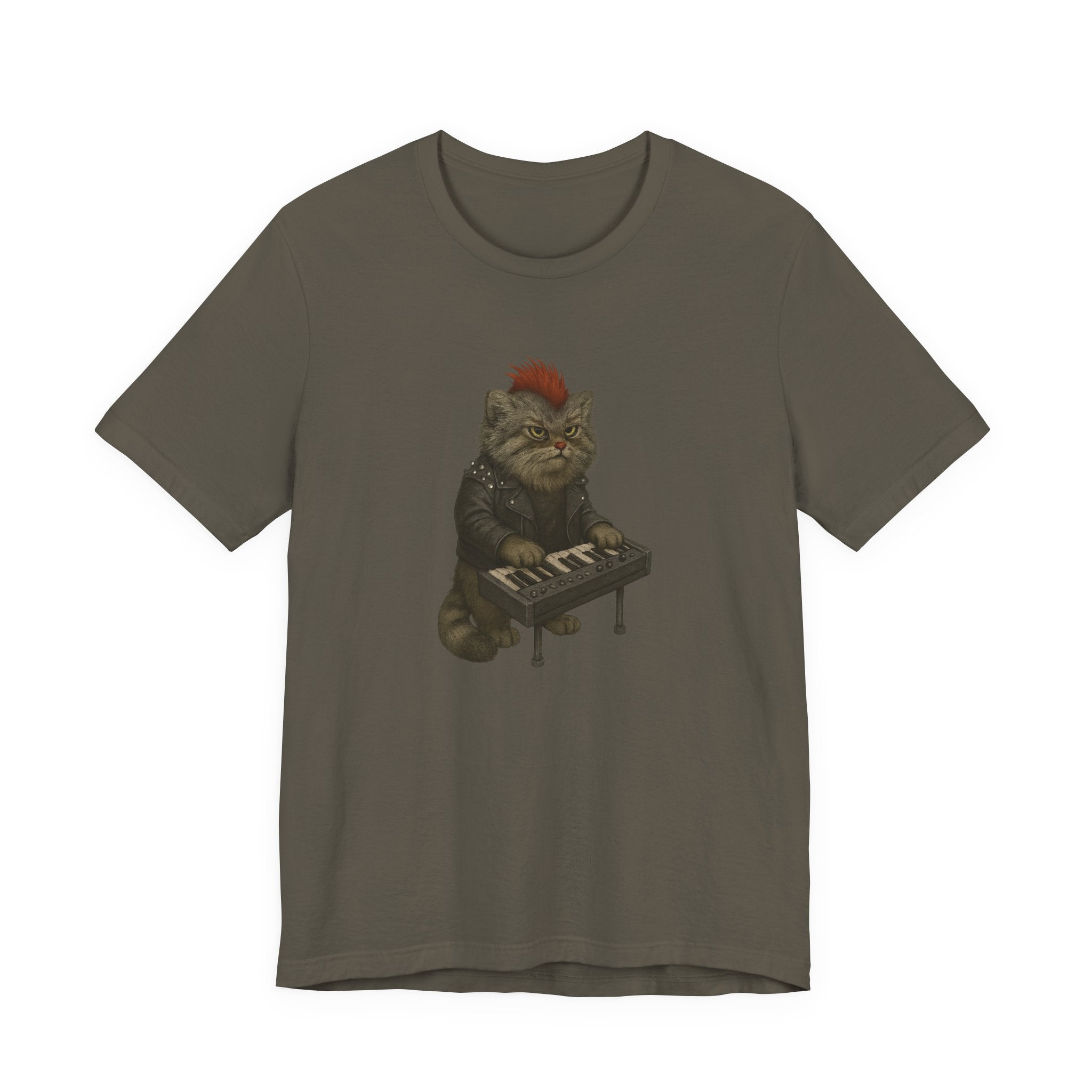 Army green t-shirt with a graphic of a pallas's cat playing keyboards on a white background