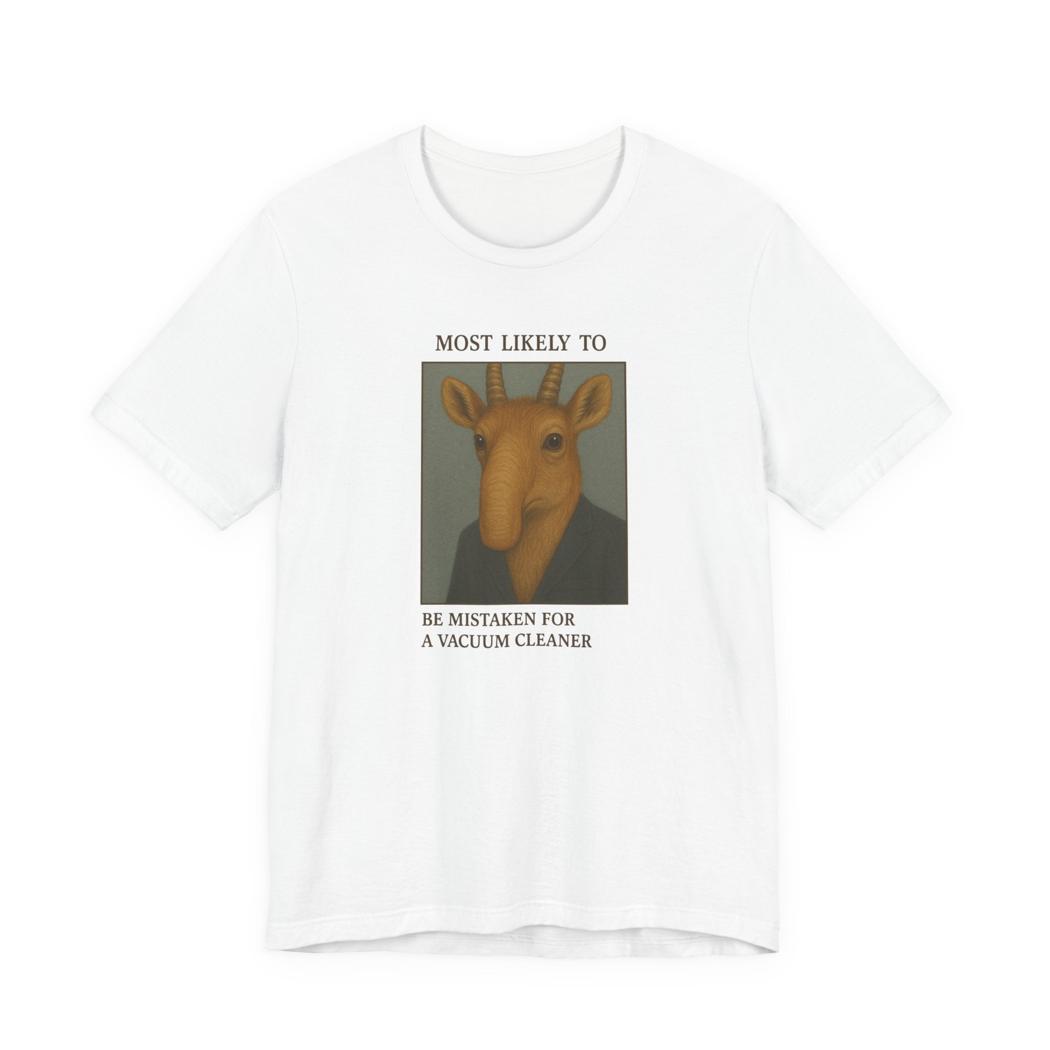 White t-shirt with a graphic of a saiga antelope and text &quot;Most likely to be mistaken for a vacuum cleaner&quot; on a white background