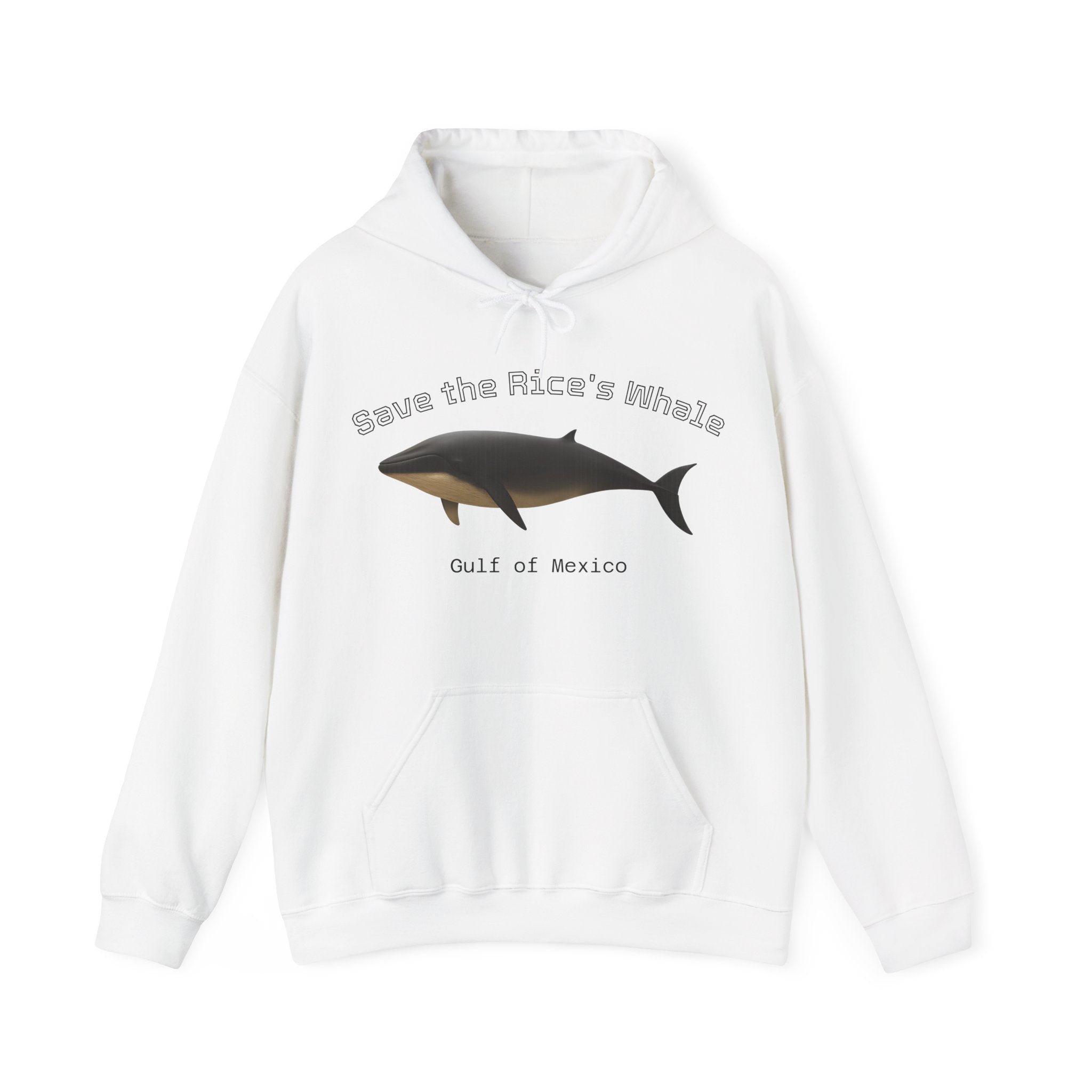 White hoodie with a Rice's whale graphic and text "Save the Rice's Whale: Gulf of Mexico" by Soon To Be Mythical