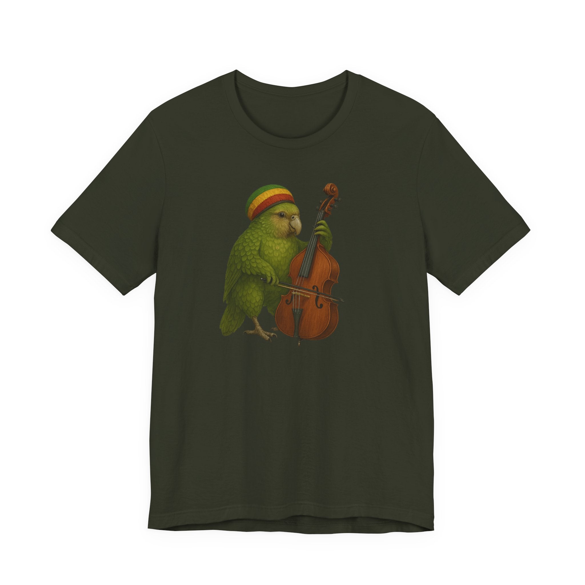 Dark olive t-shirt with a kakapo in a raggae hat playing an upright bass on a white background