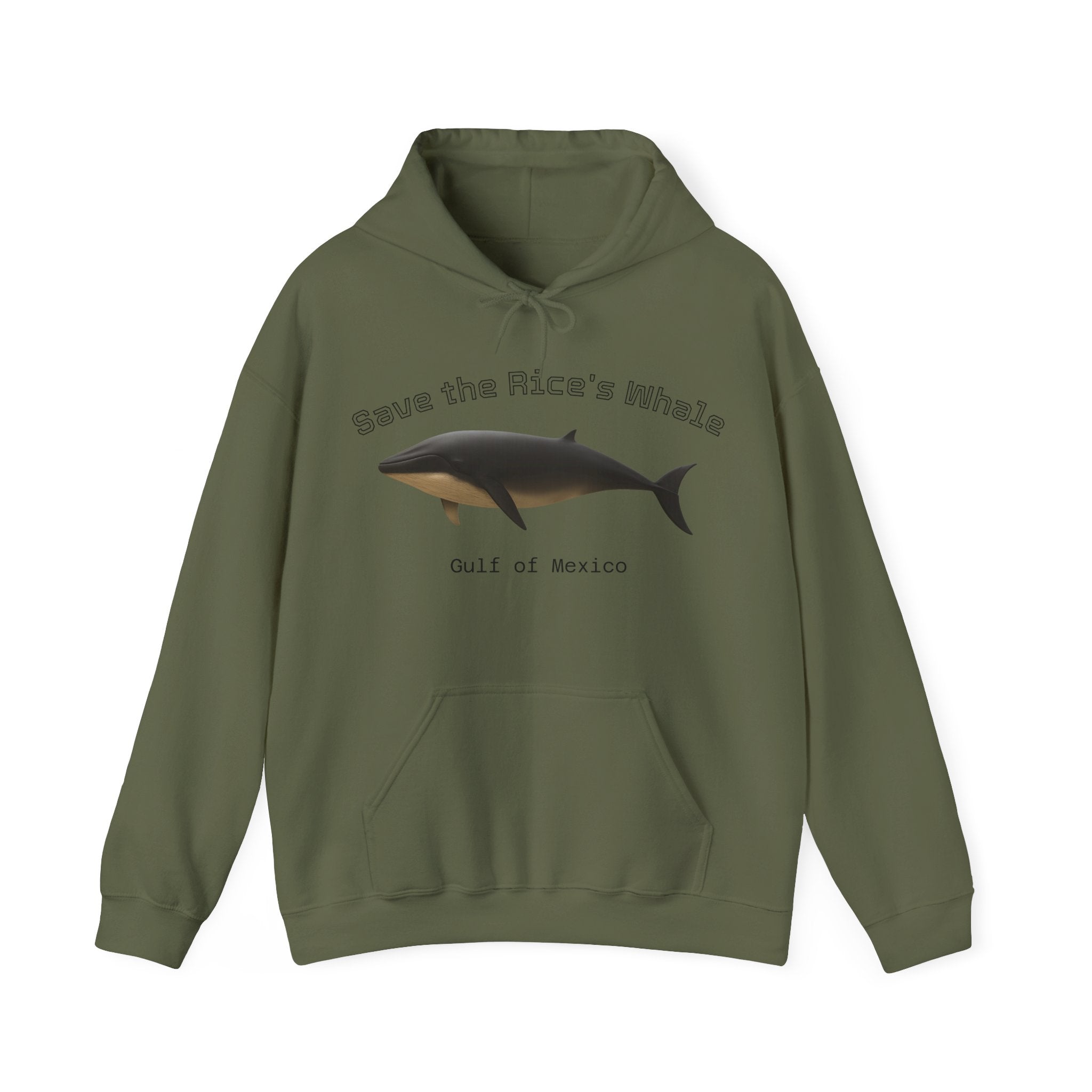 Green hoodie with a Rice's whale graphic and text "Save the Rice's Whale: Gulf of Mexico" by Soon To Be Mythical