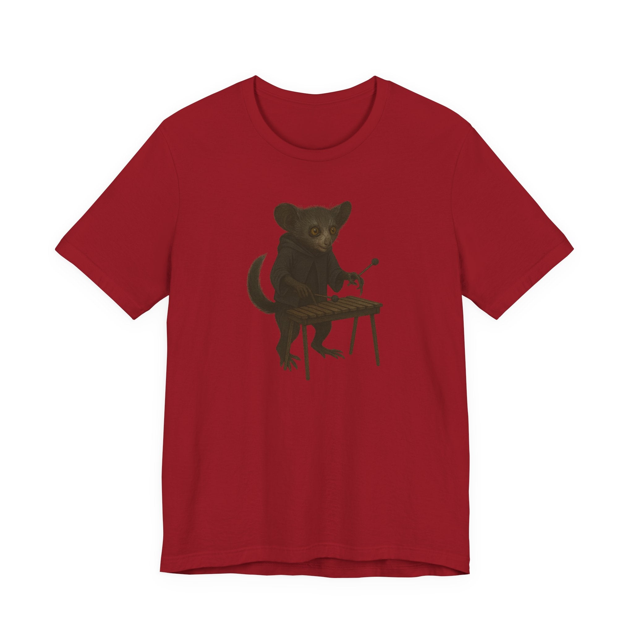 Red t-shirt with a graphic of an aye-aye playing a xylophone on a white background