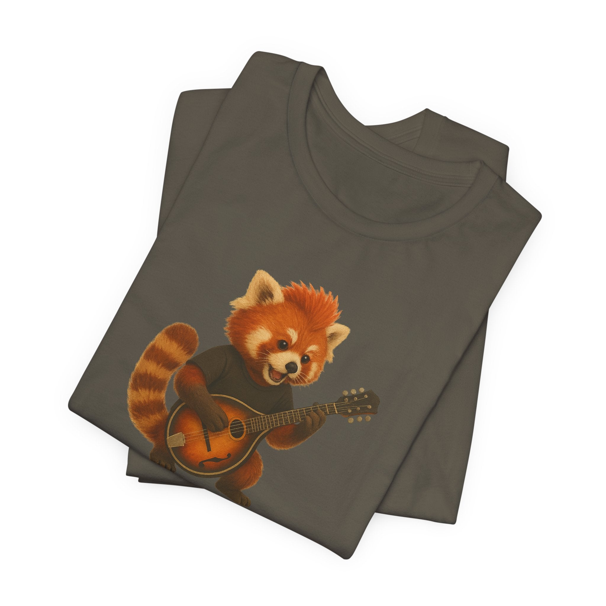 Army green t-shirt with a red panda playing a mandolin graphic on a white background