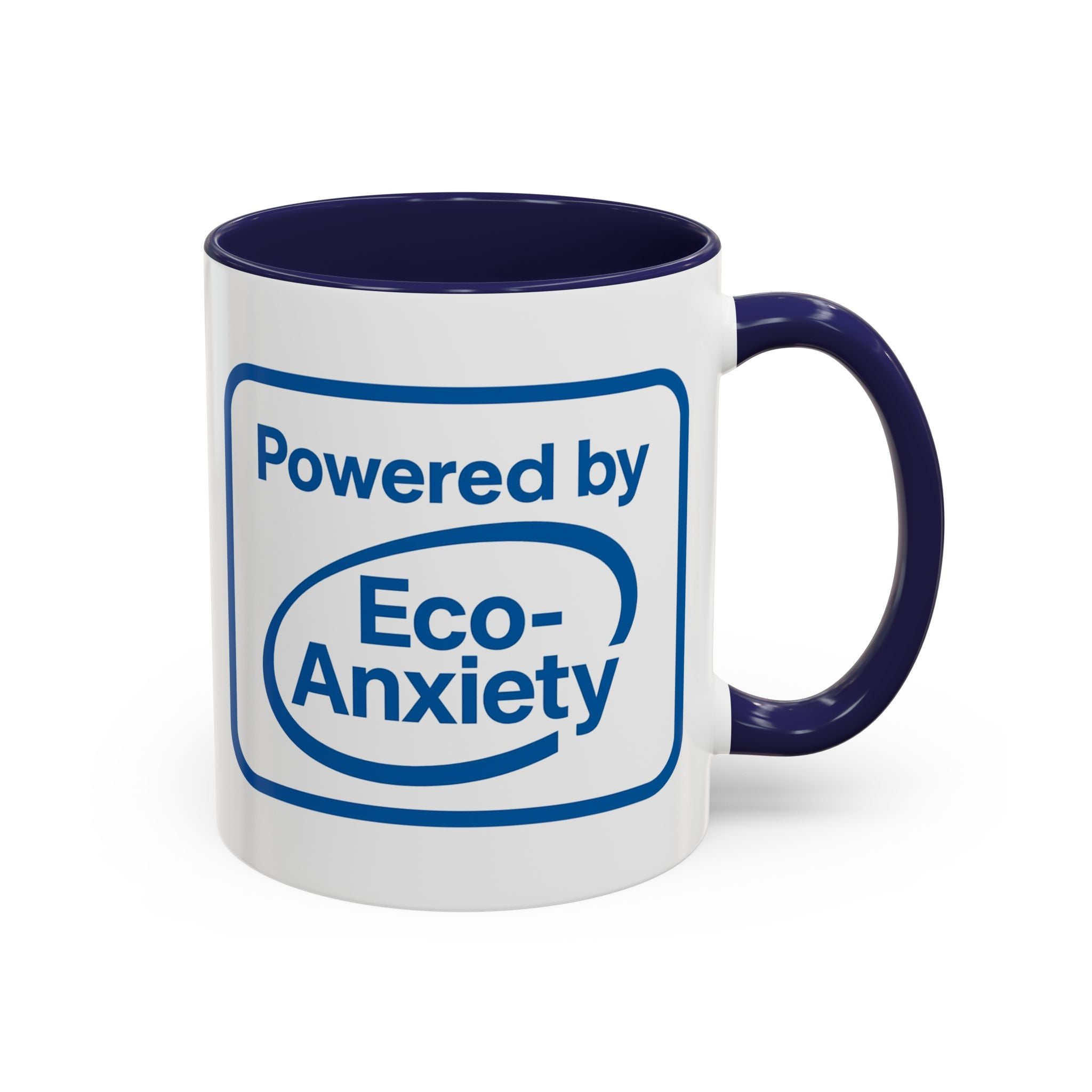 White coffee mug with navy blue accent interior and handle with a graphic that says &quot;Powered by Eco-anxiety&quot;