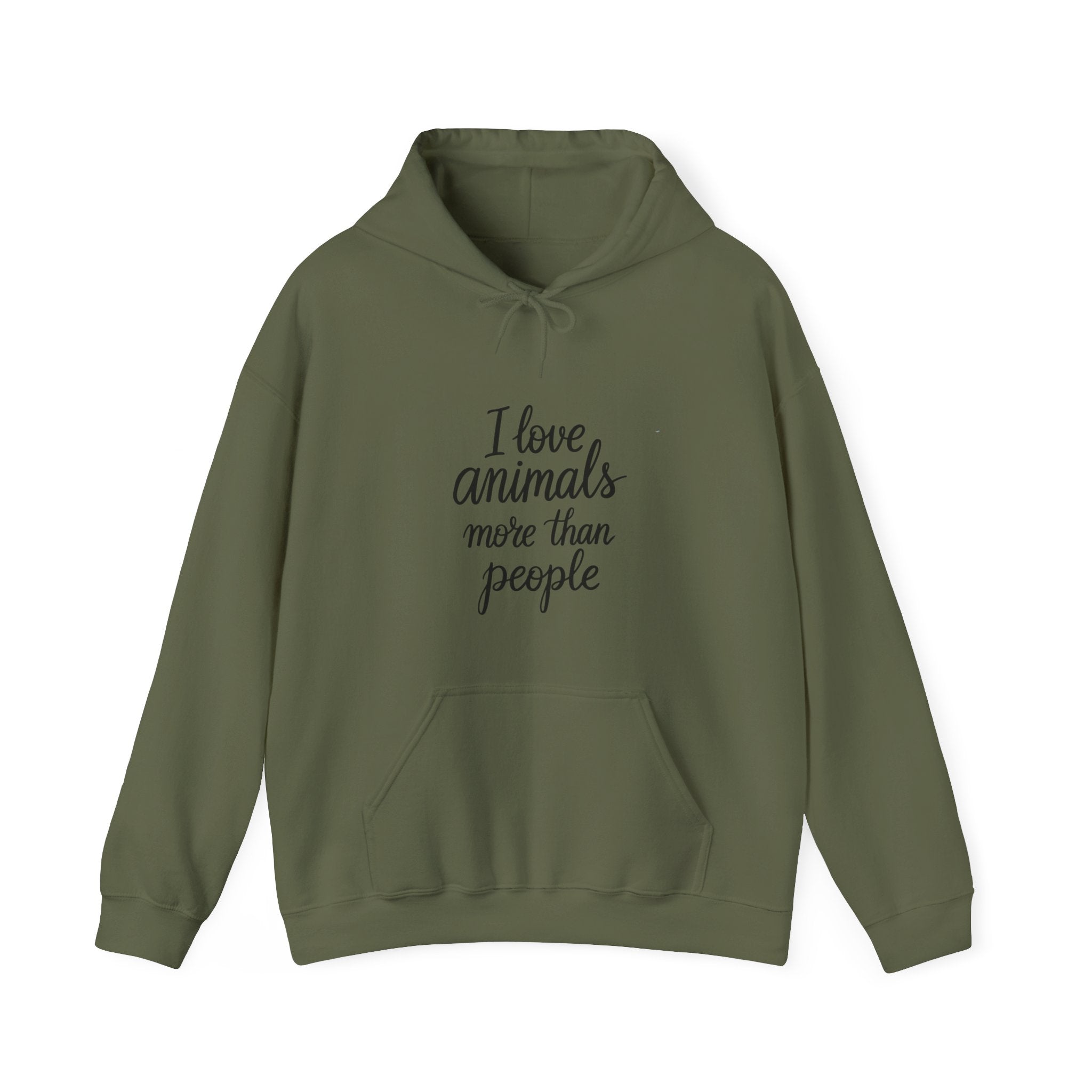 Green hoodie with text 'I love animals more than people' by Soon To Be Mythical