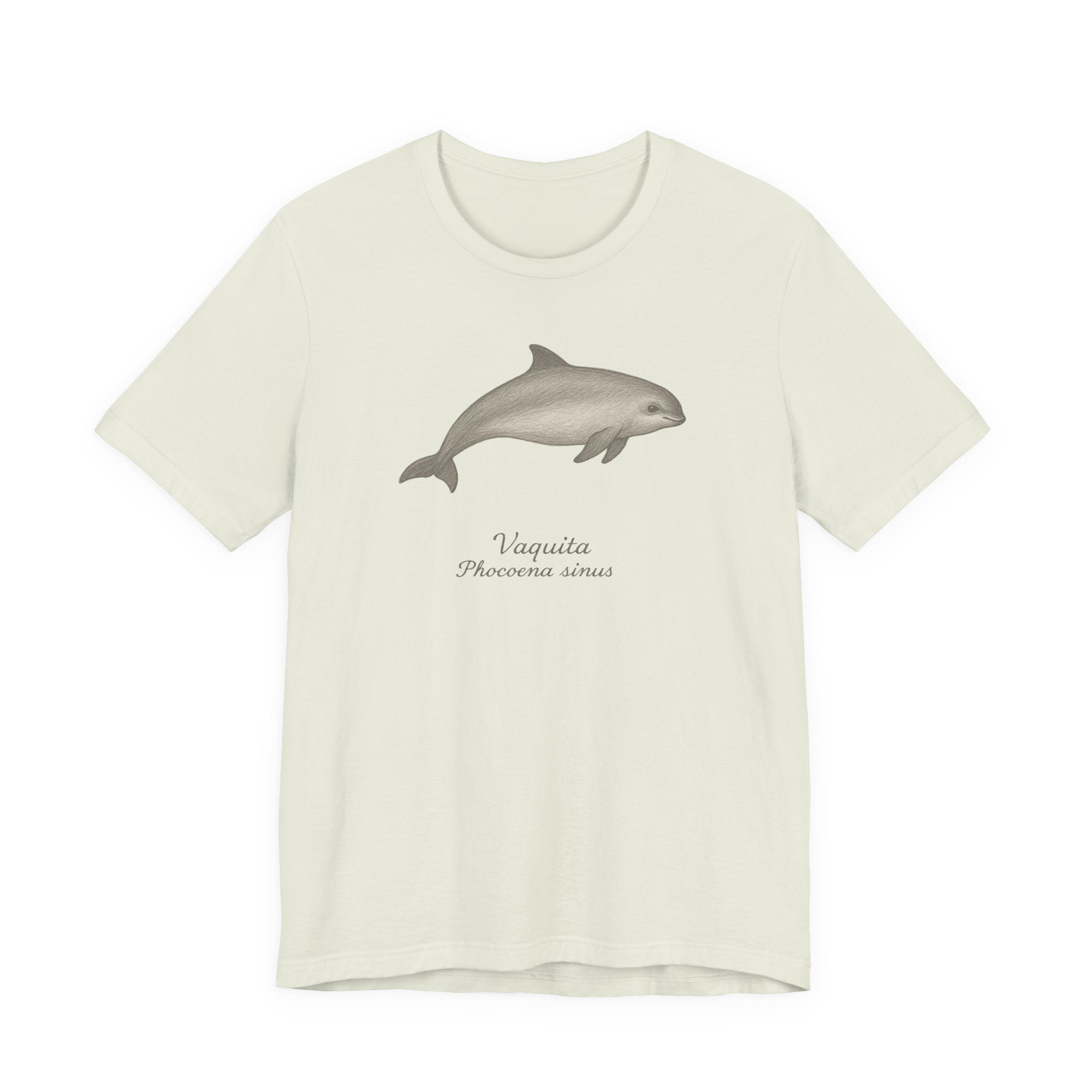 Citron t-shirt with a Vaquita porpoise illustration and text on a white background