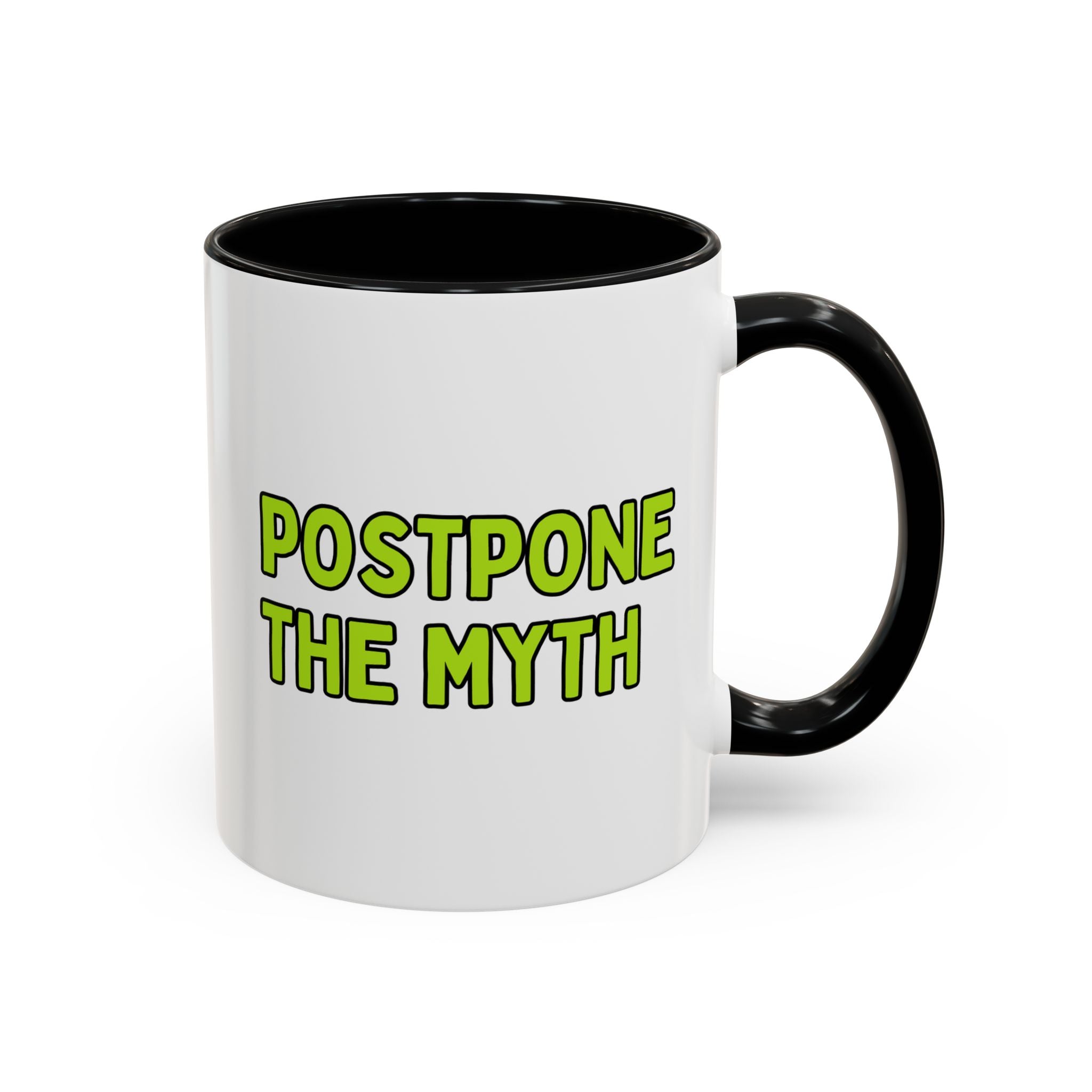 White mug with black interior and handle, featuring the text 'I love animals more than people' on one side and "Postpone the myth" on the other side on a white background.