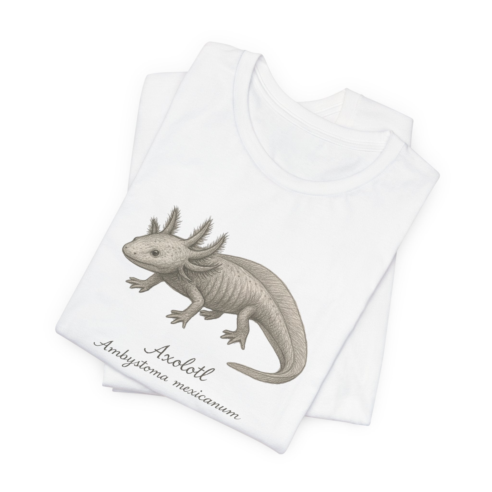 Folded white t-shirt with axolotl illustration and text on a white background