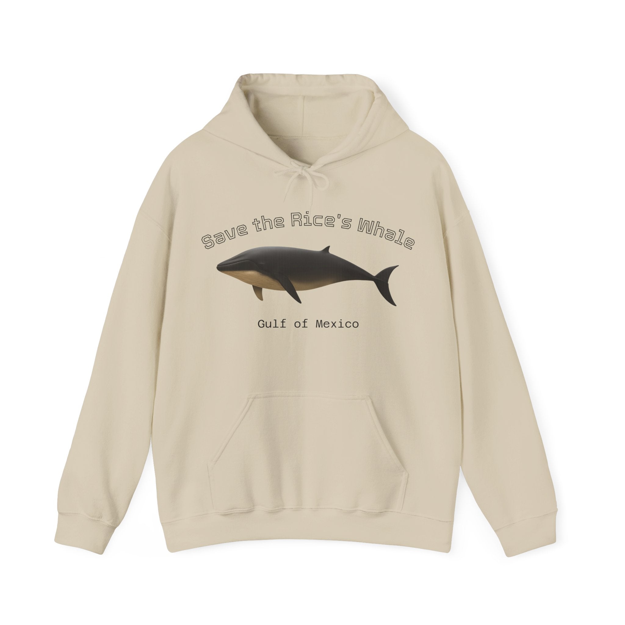 Beige hoodie with a Rice's whale graphic and text "Save the Rice's Whale: Gulf of Mexico" by Soon To Be Mythical