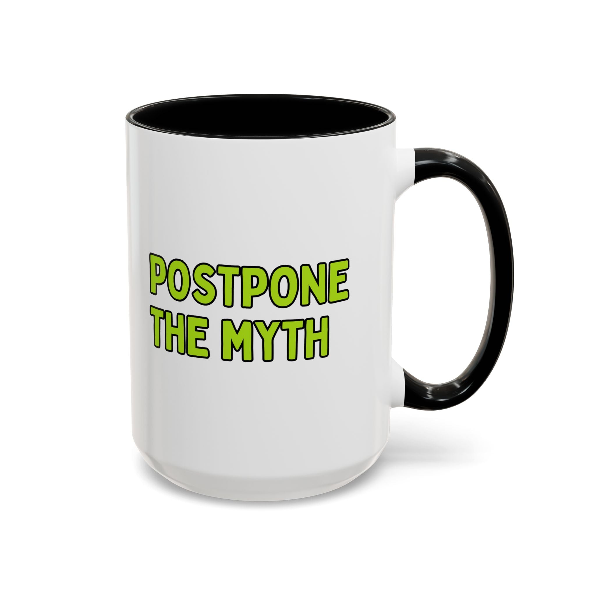 White mug with black interior and handle, featuring the text 'I love animals more than people' on one side and "Postpone the myth" on the other side on a white background.