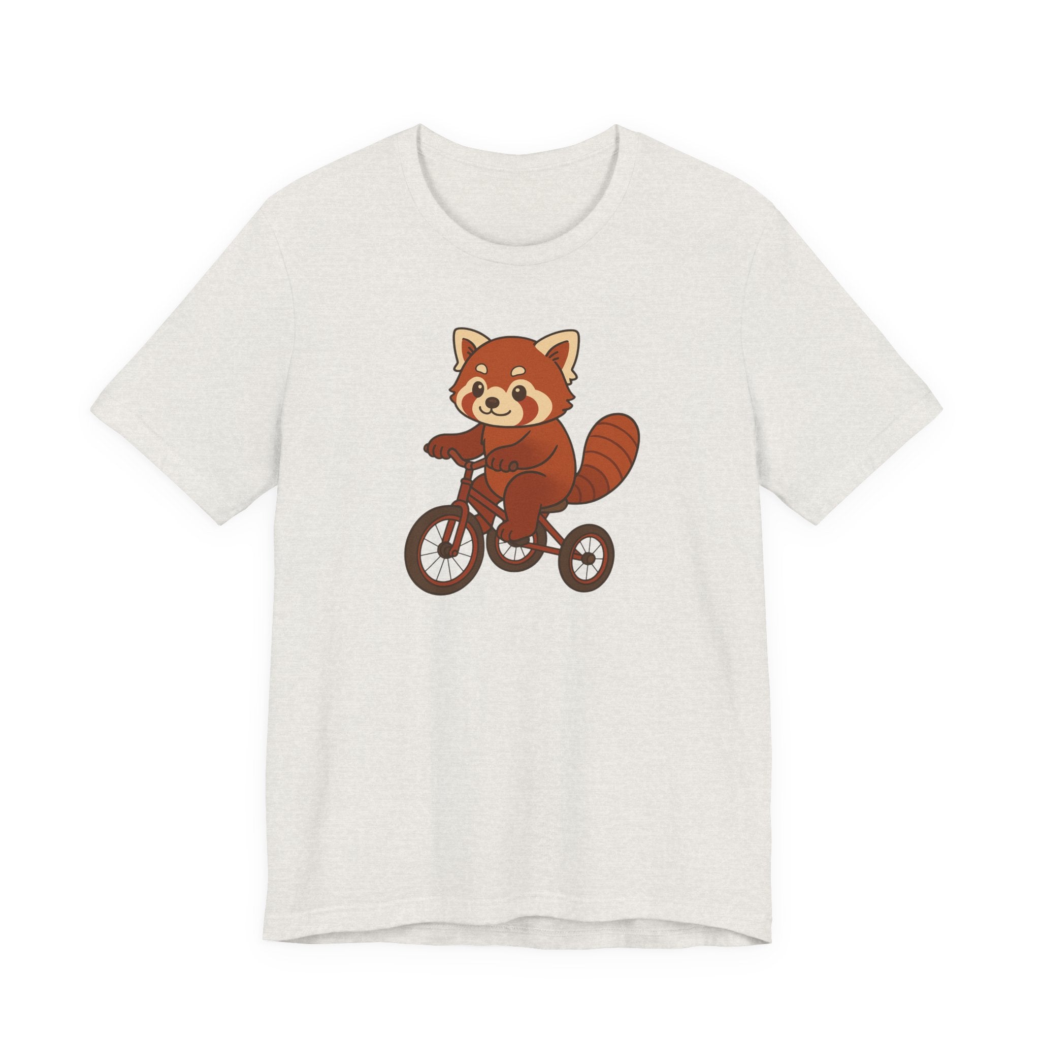 Heather Cement t-shirt with a red panda riding a tricycle graphic on a white background