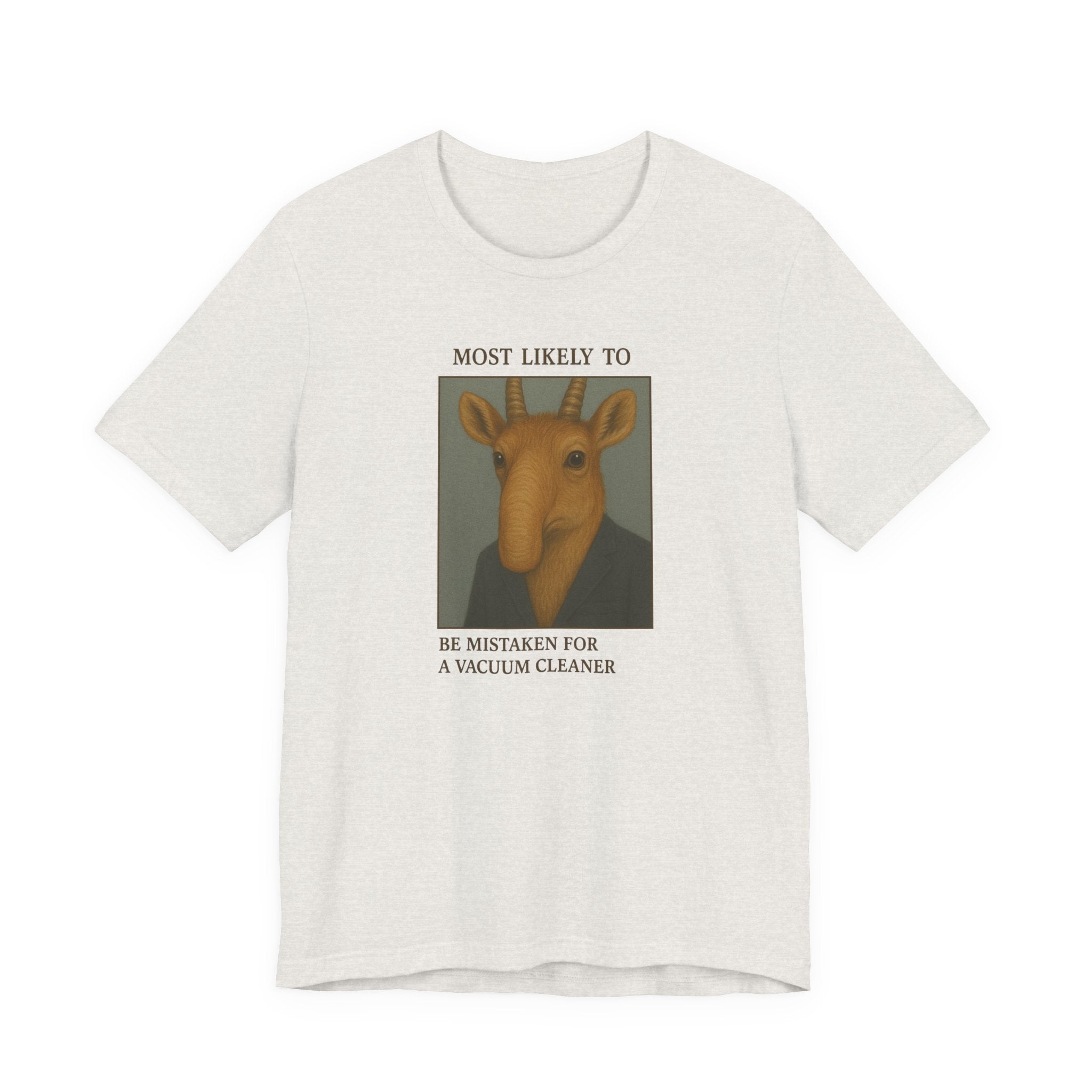 Heather cement t-shirt with a graphic of a saiga antelope and text &quot;Most likely to be mistaken for a vacuum cleaner&quot; on a white background