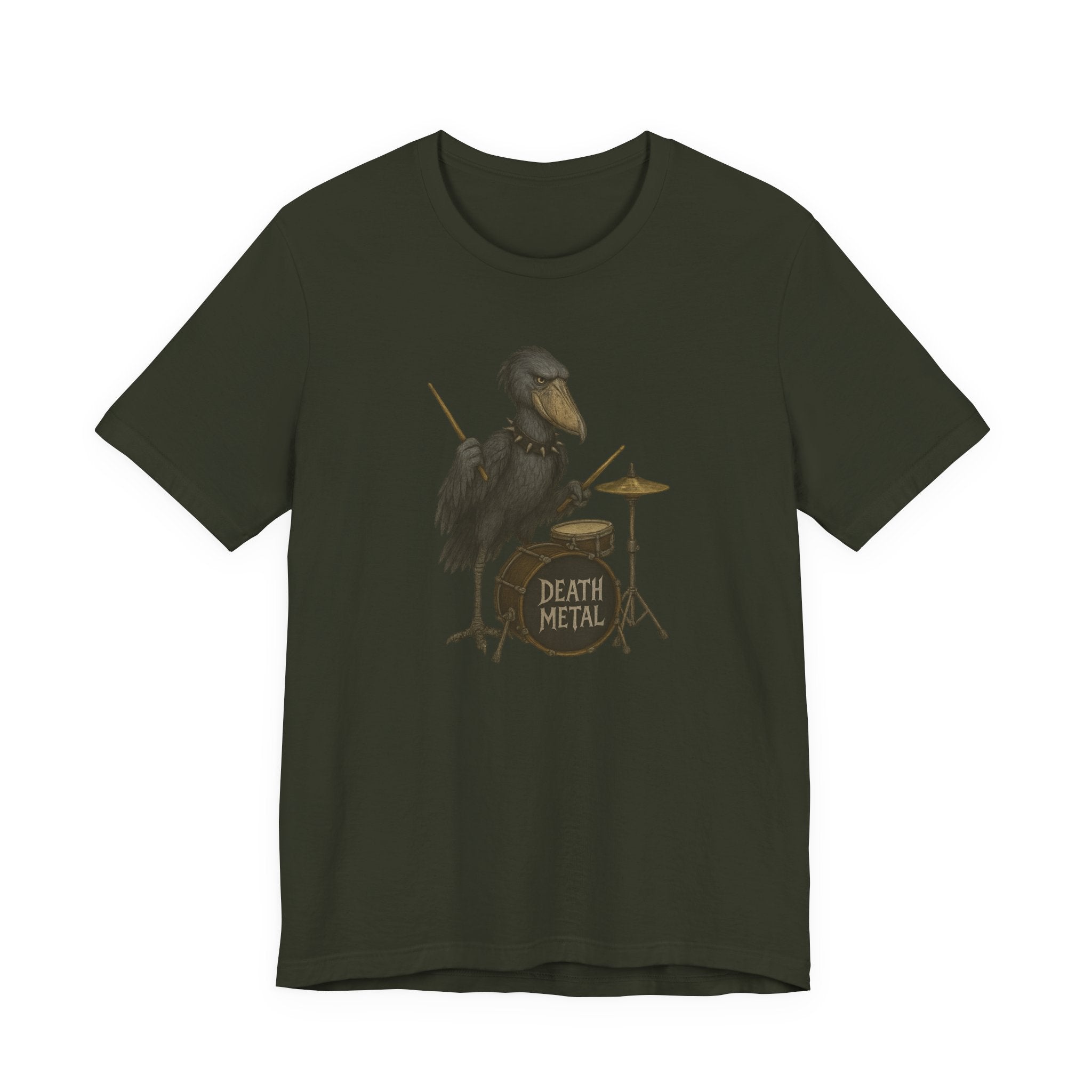 Dark green t-shirt with a shoebill stork playing drums graphic and &#39;Death Metal&#39; text on a white background