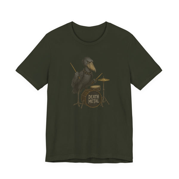 Dark green t-shirt with a shoebill stork playing drums graphic and 'Death Metal' text by Soon To Be Mythical