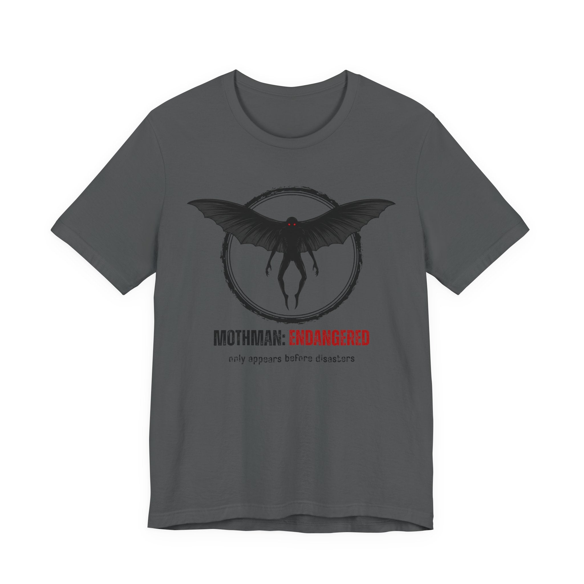 Gray t-shirt with Mothman graphic and text "Mothman: Endangered - only appears before disasters" by Soon To Be Mythical