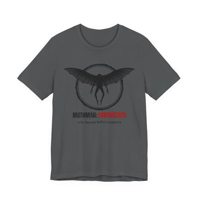 Gray t-shirt with Mothman graphic and text "Mothman: Endangered - only appears before disasters" by Soon To Be Mythical