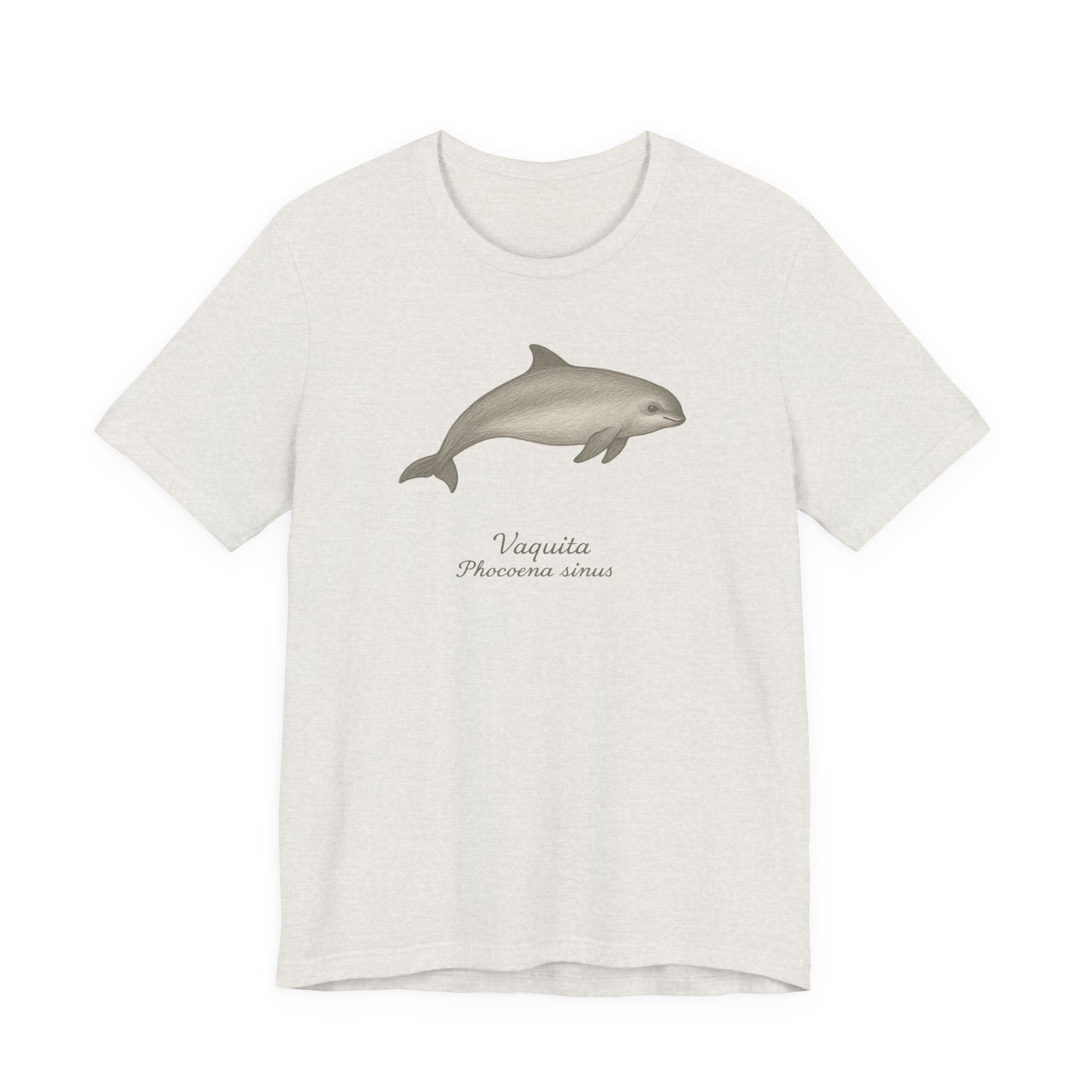 Heathered cement t-shirt with a vaquita porpoise graphic and text on a white background